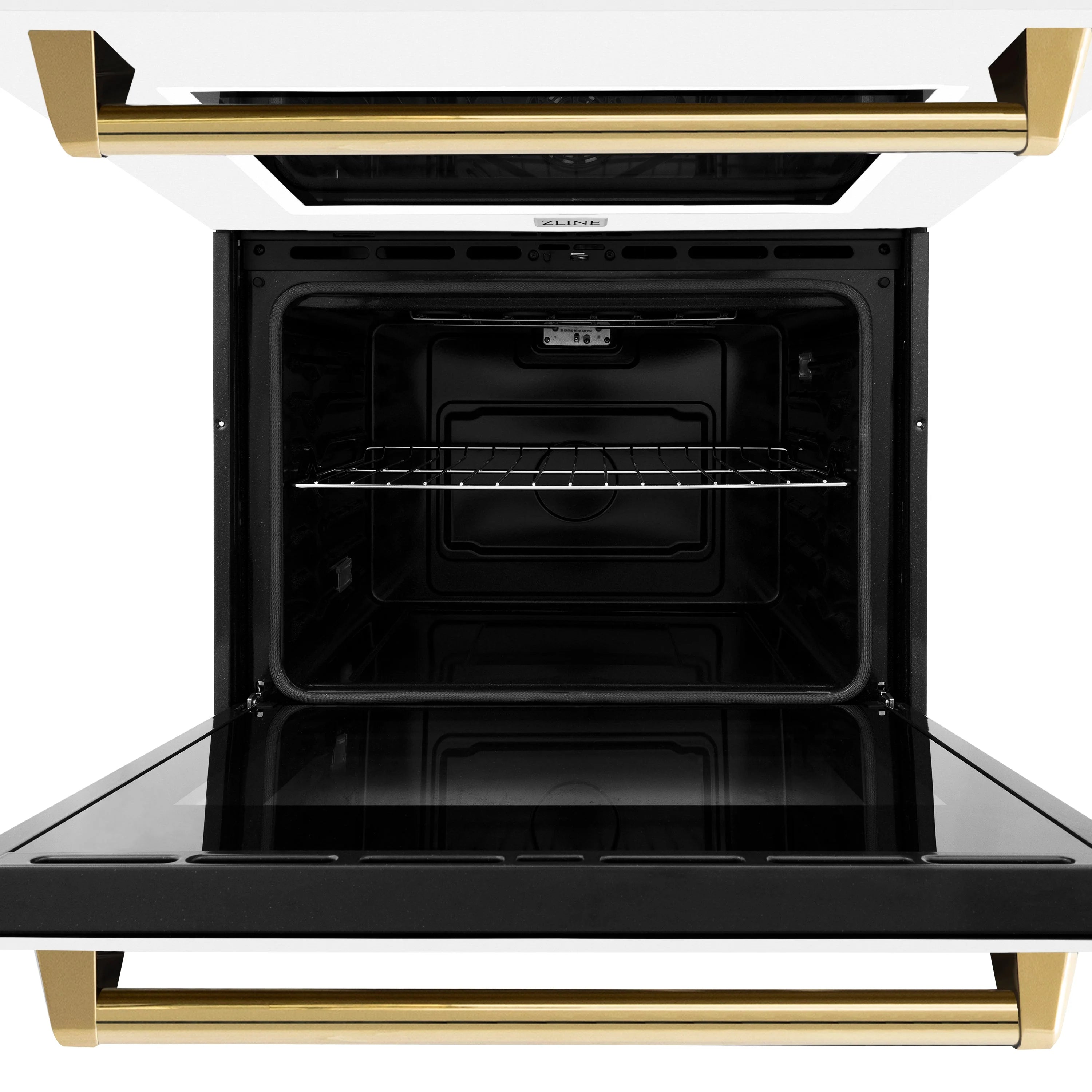 Double wall oven with both inner doors open, dark cavity and racks, gold handle trim