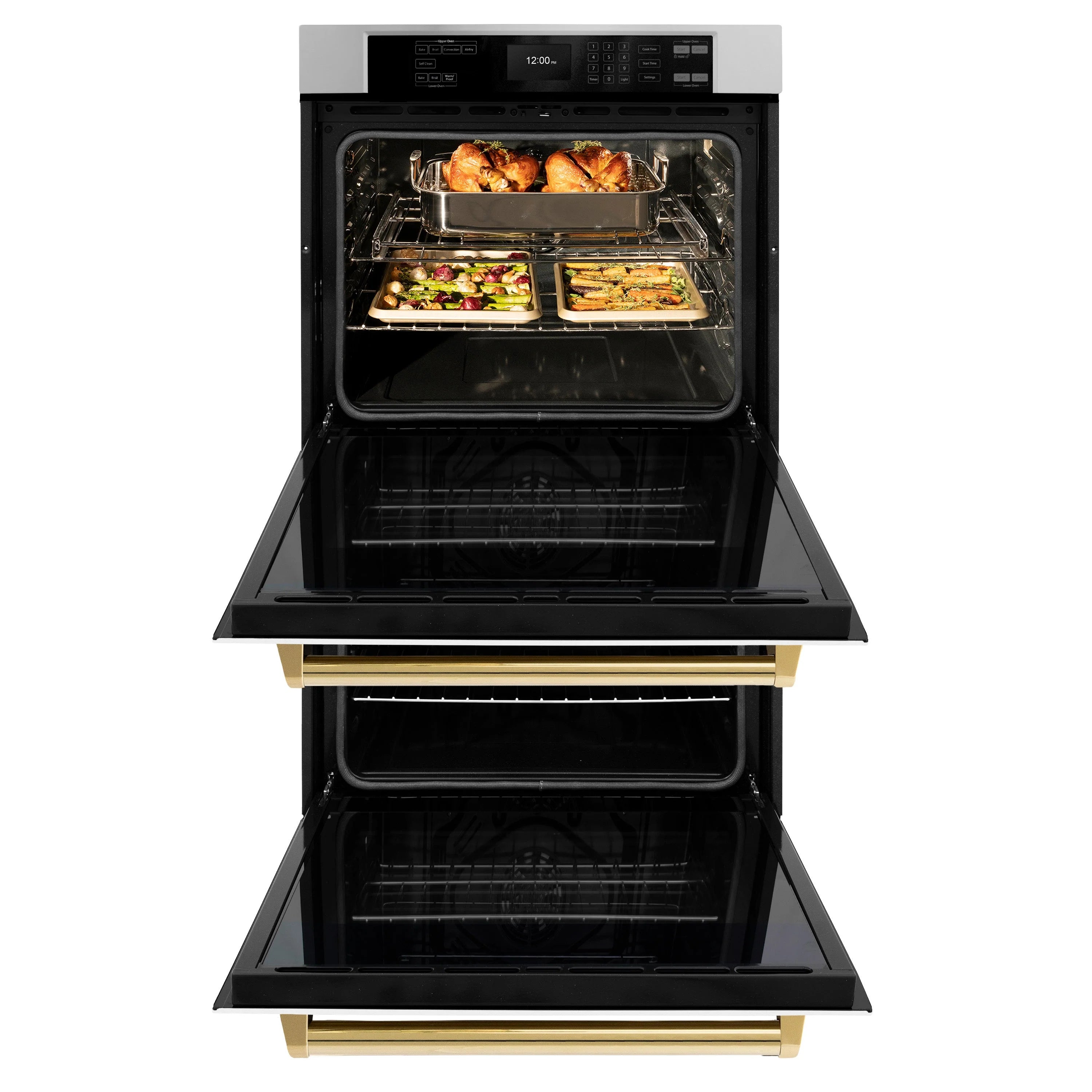 Stainless steel double wall oven with white matte doors and gold handles, open