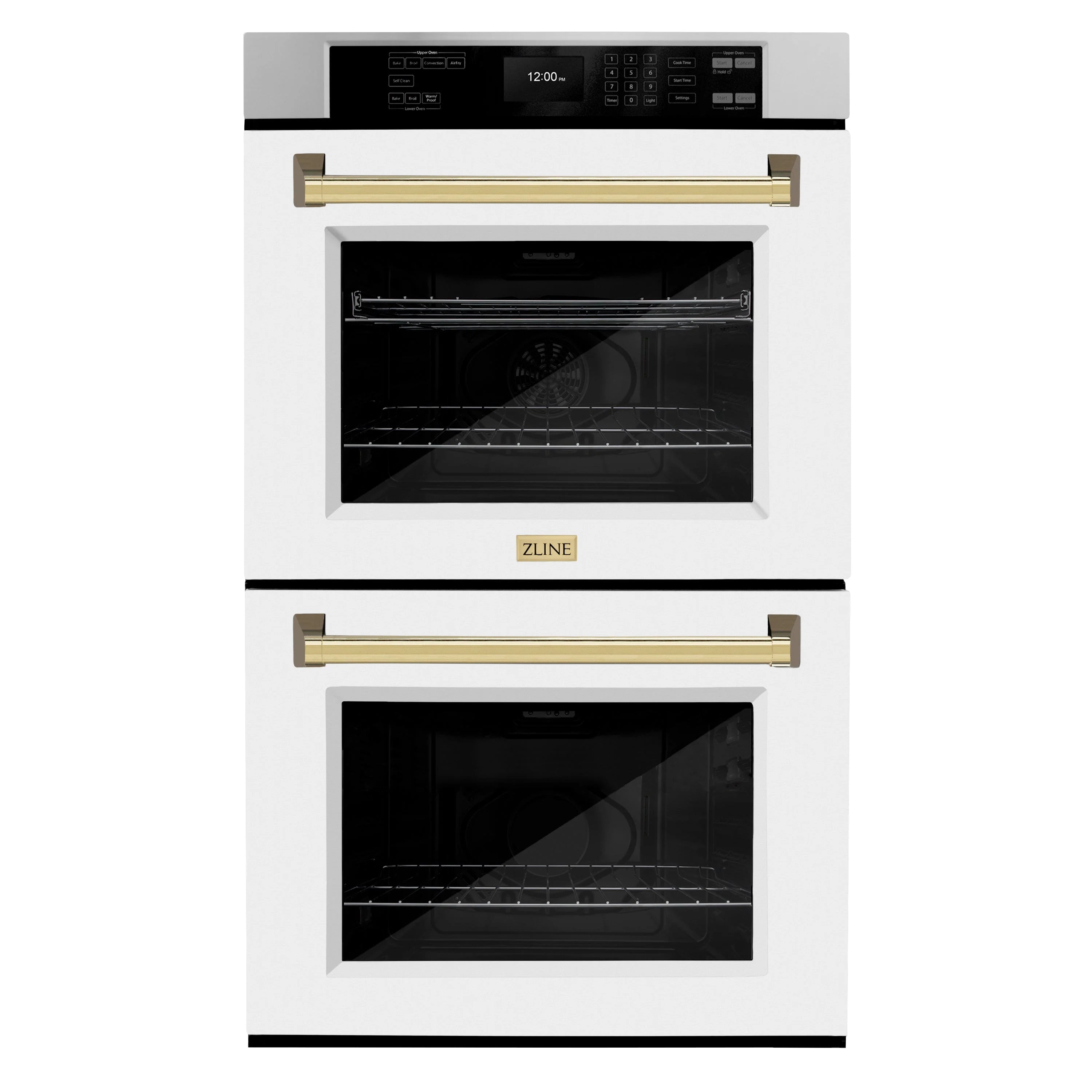 Built-in double wall oven with white matte doors, stainless top, and gold pull handles