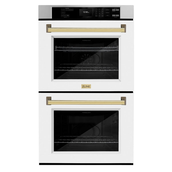 ZLINE 30-Inch Autograph Edition Professional True Convection Double Wall Oven with Air Fry and Self Clean in Stainless Steel with White Matte Doors and Polished Gold Handles (WADZ-WM-30-G)