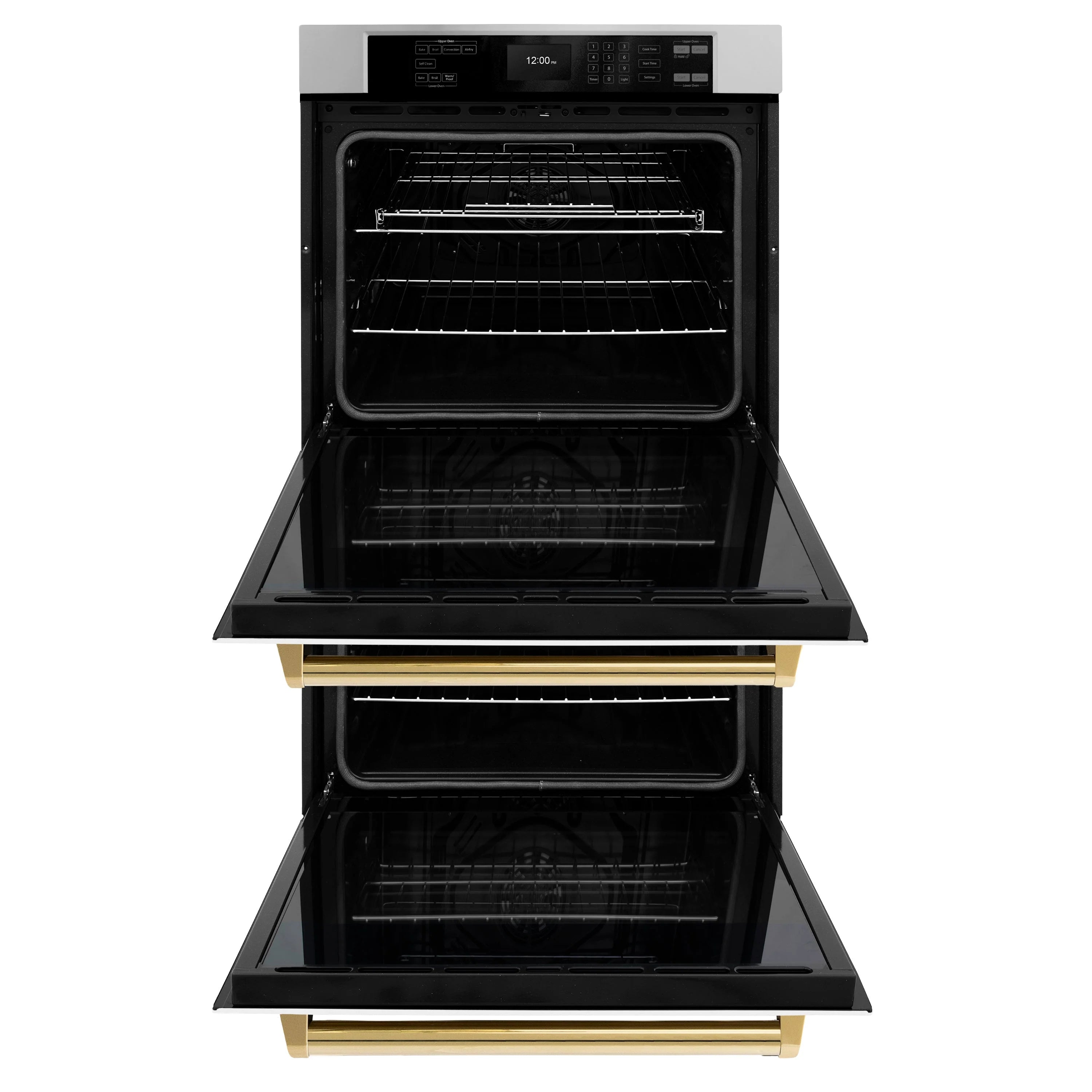 Double wall oven with upper and lower doors open, dark interiors, gold handle front bar