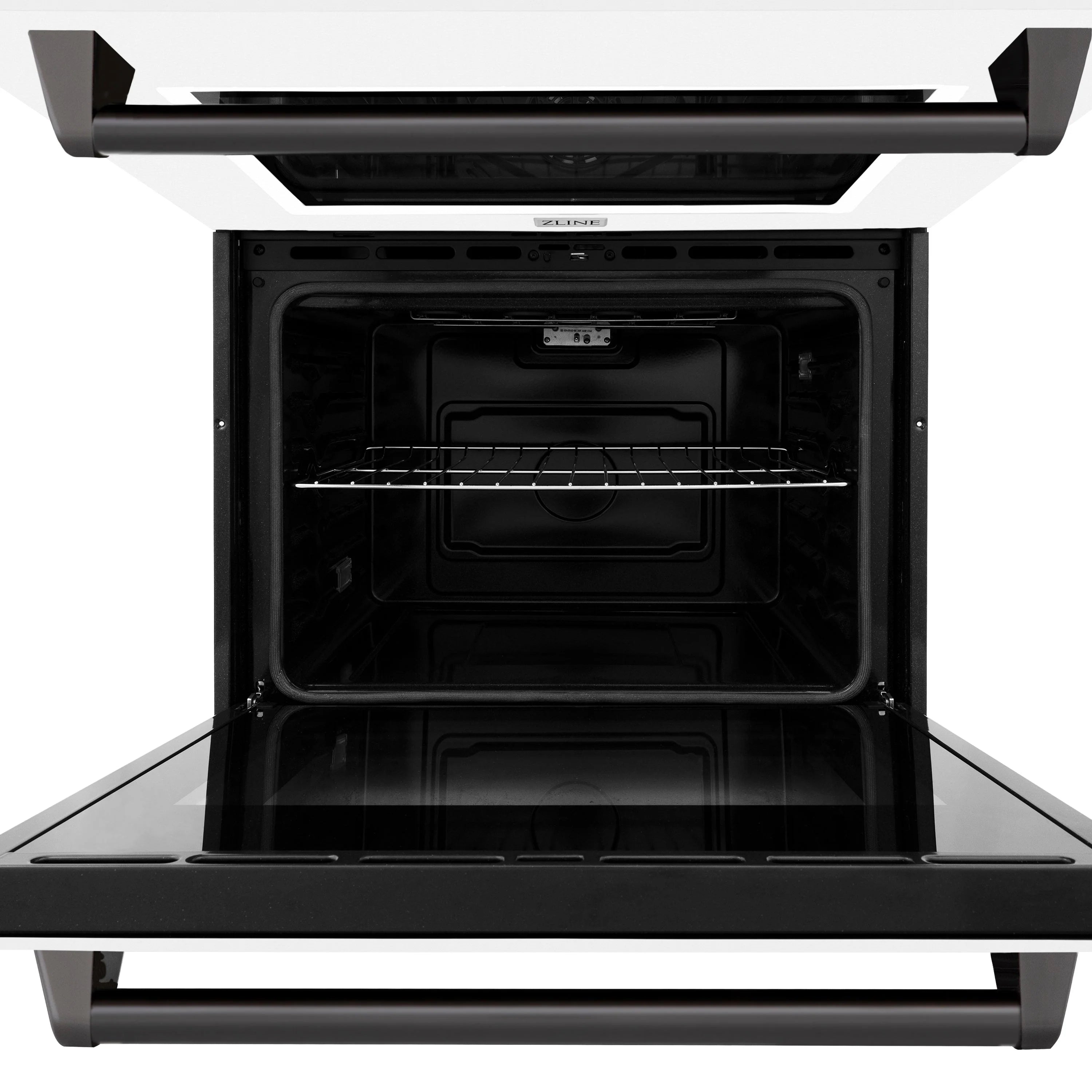 Double wall oven with both doors open, showing top and bottom black compartments