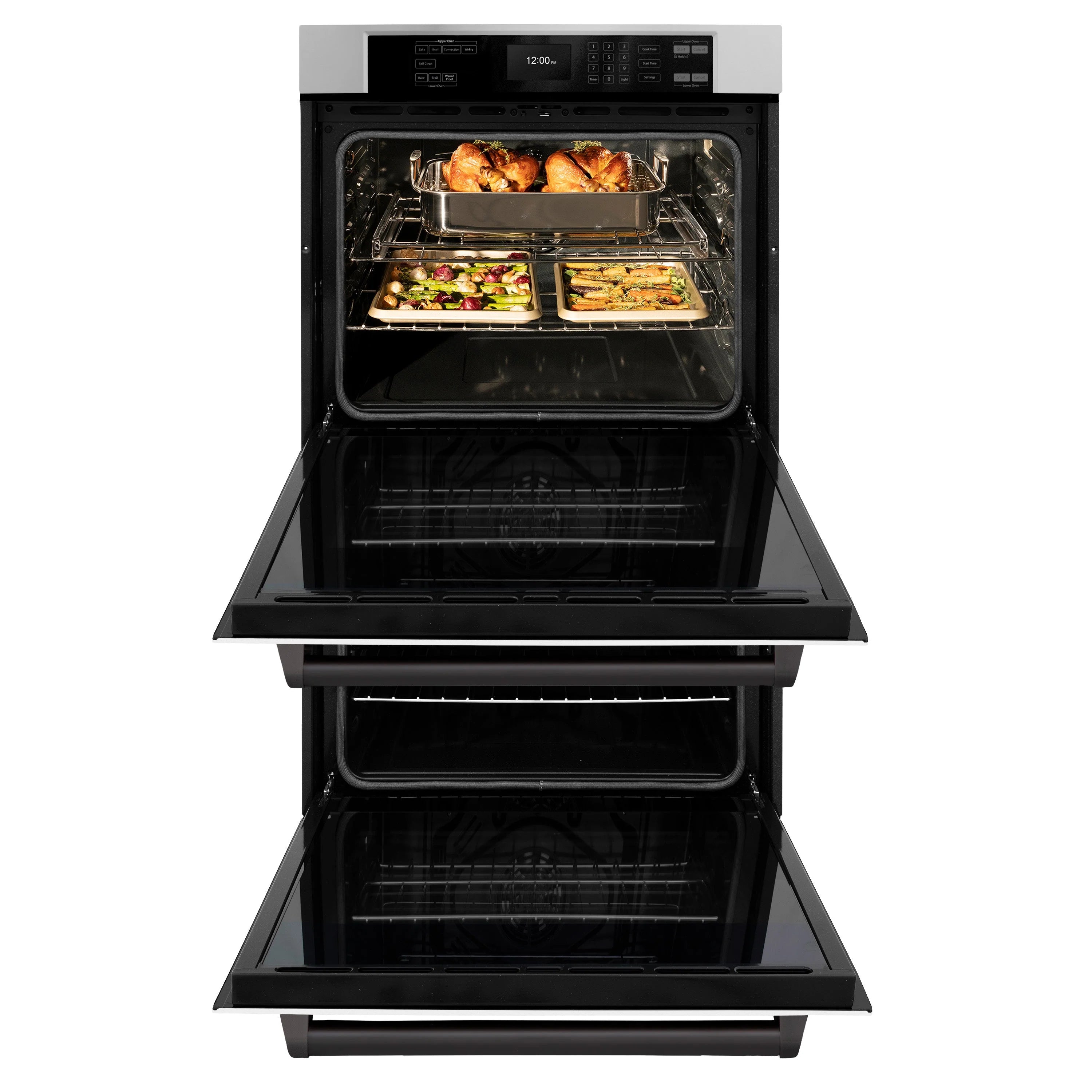 Double wall oven with two open black oven cavities and racks, white matte doors