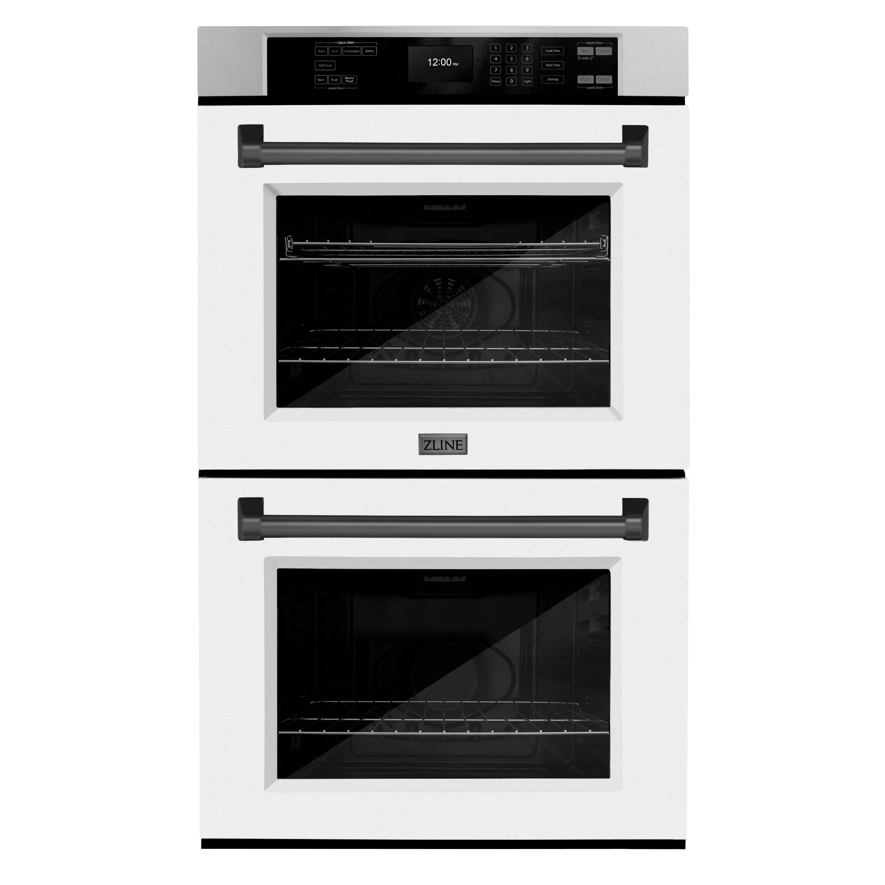 Stacked double wall oven with white matte doors and two black handles, front view