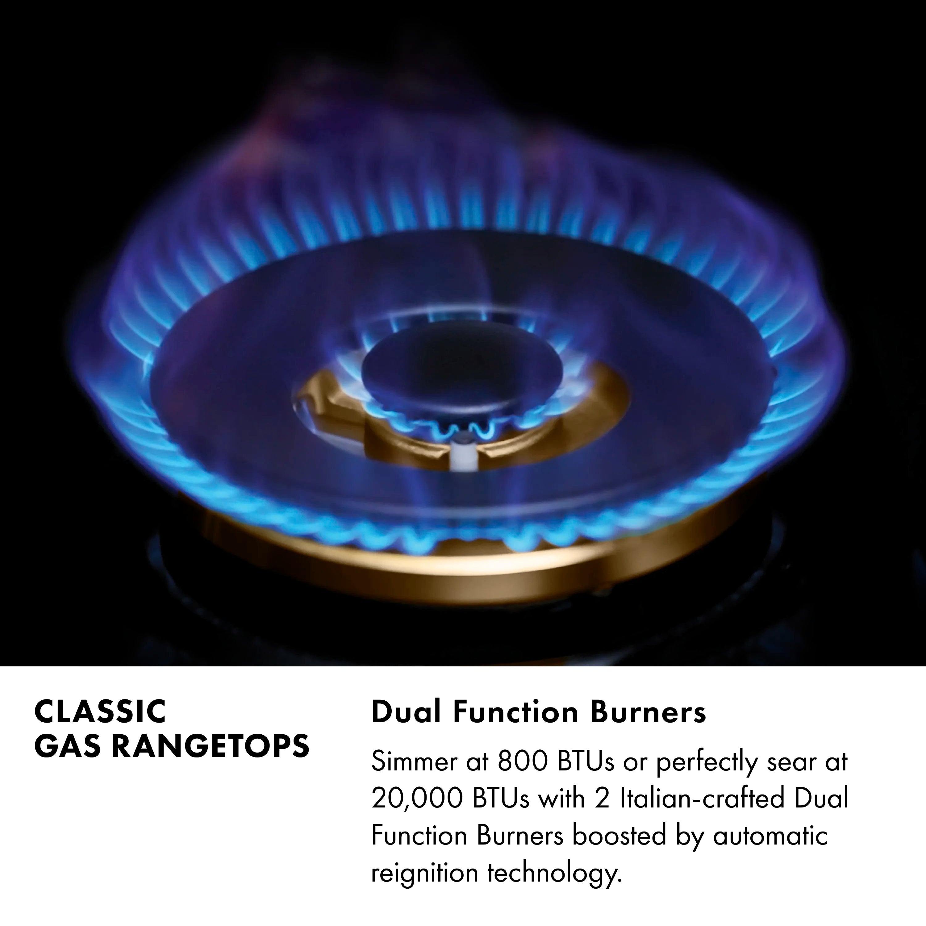 Gas rangetop burner with blue flame and visible burner cap
