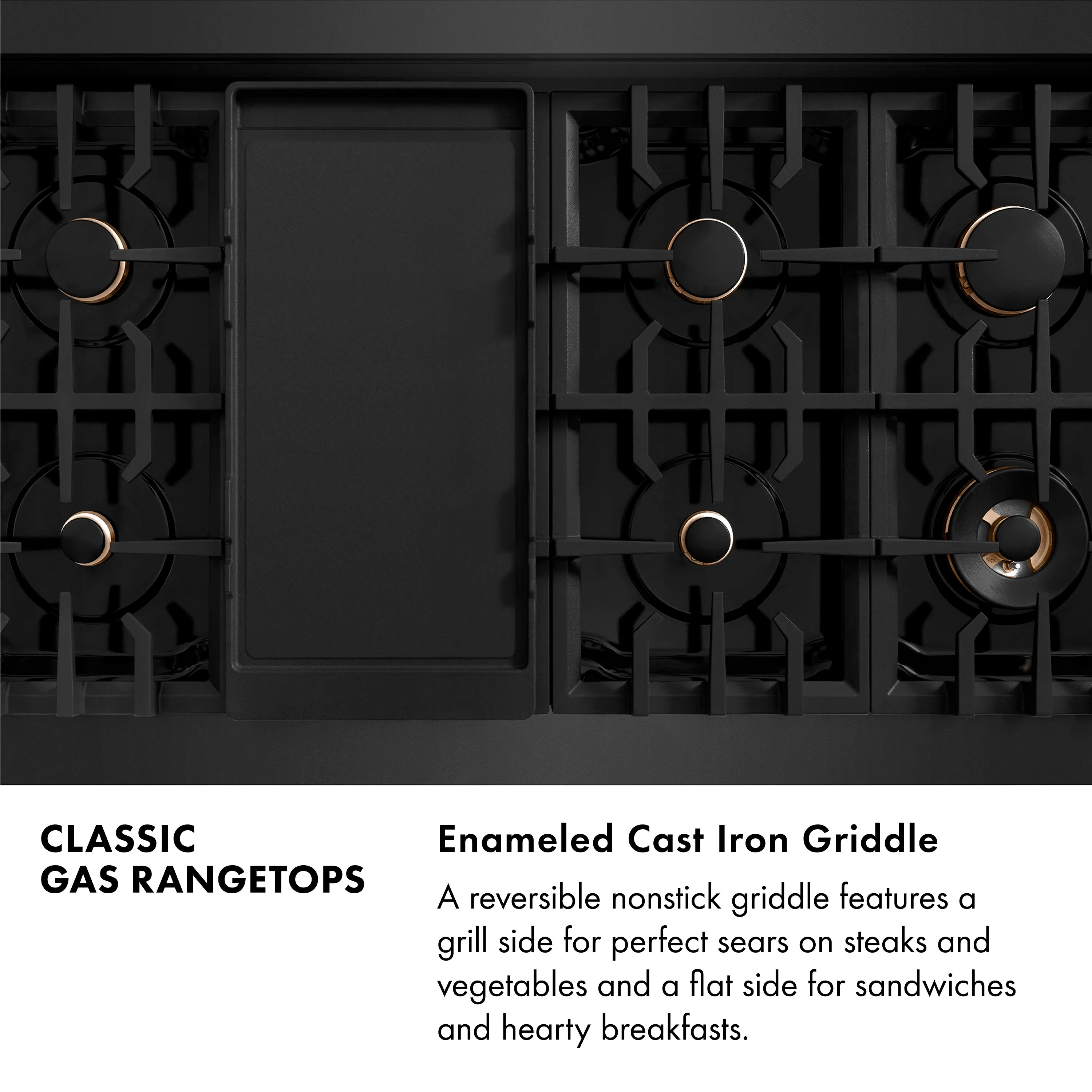 Black gas rangetop cooktop with cast iron burner grates and front control panel