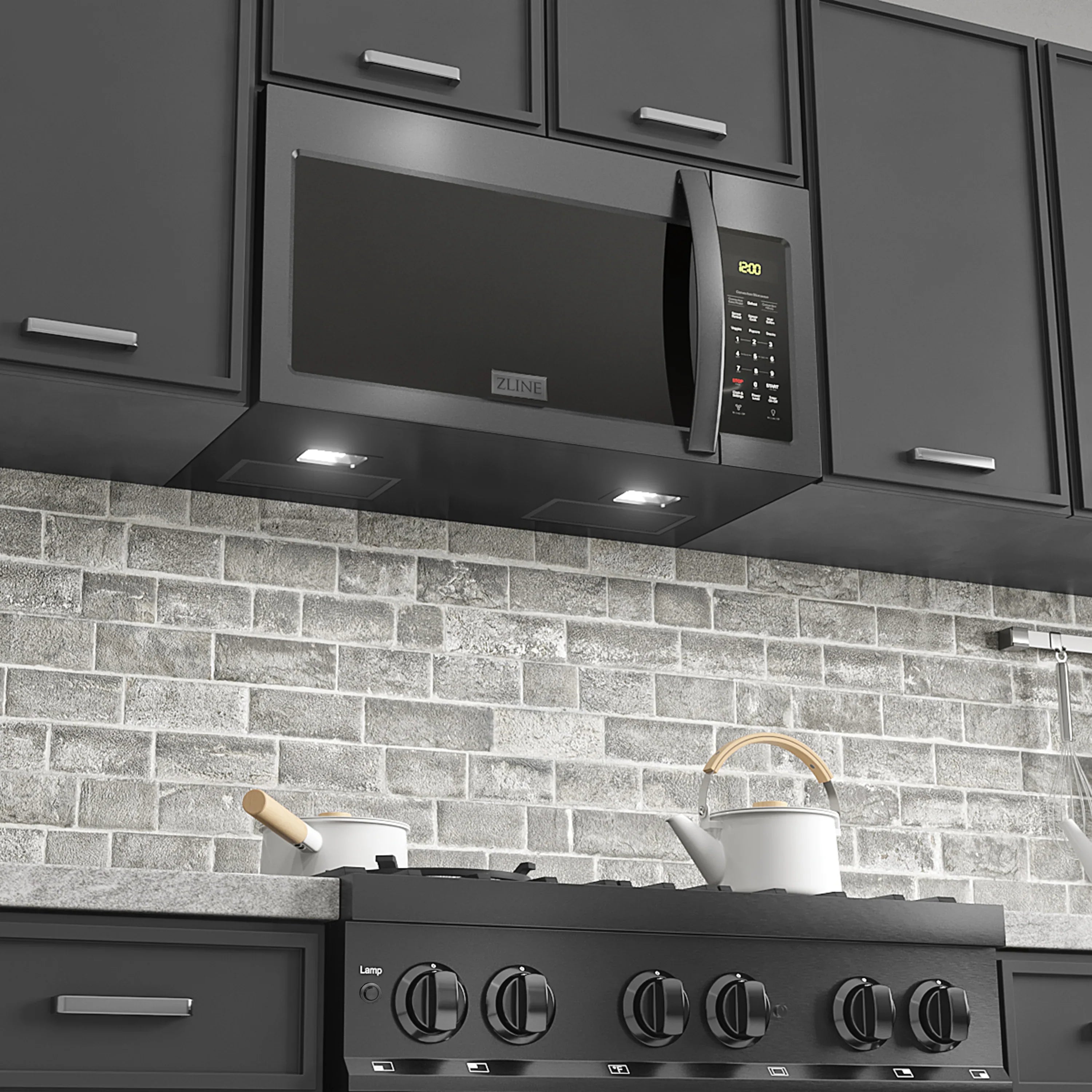 Over-the-range microwave hood with side control panel and glossy black door