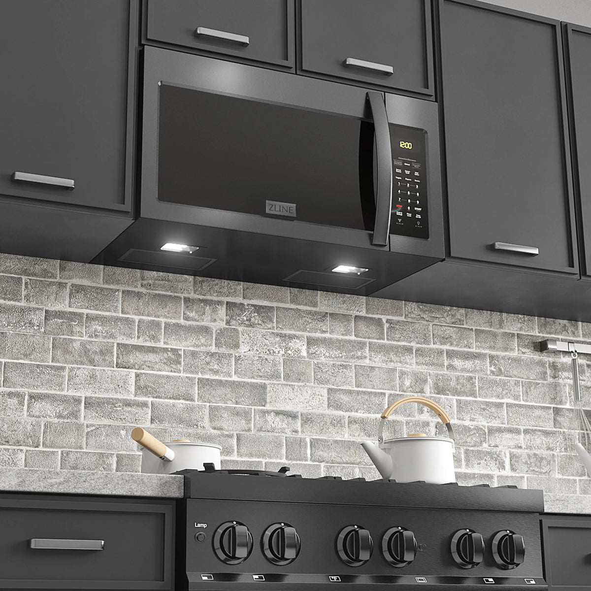 ZLINE over-the-range microwave vent hood area with lit controls in black stainless