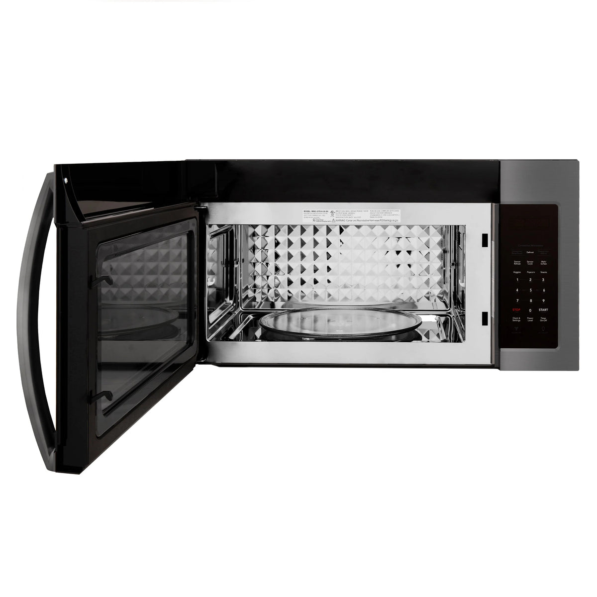 ZLINE over-the-range microwave with open door showing interior cavity and keypad