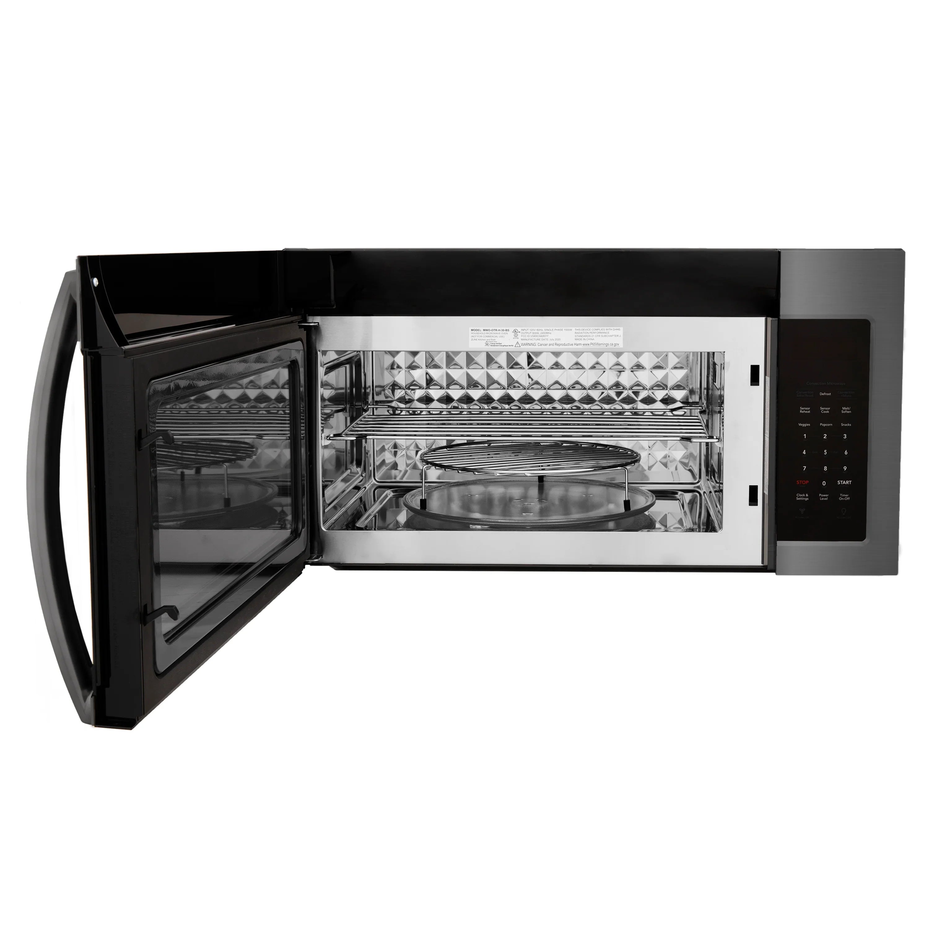 Open black over-the-range microwave door showing interior cavity and turntable