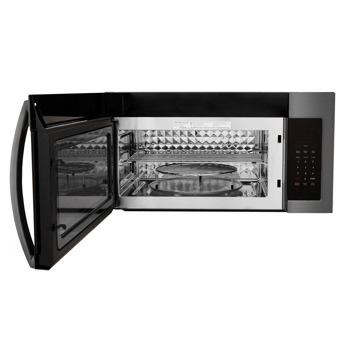 Over-the-range microwave open door showing interior racks and glass turntable
