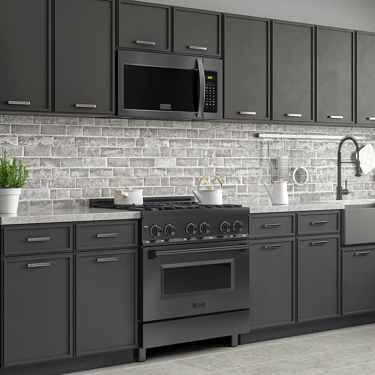 Over-the-range microwave oven, black stainless steel installed in upper cabinetry
