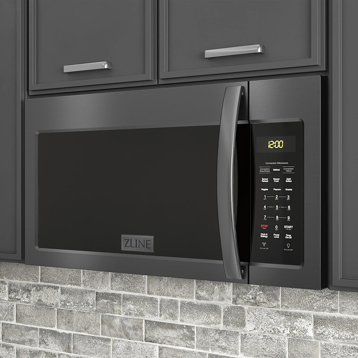 Black stainless steel over-the-range microwave with control panel and handle