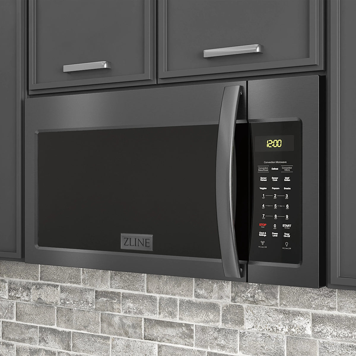 ZLINE over-the-range microwave with black stainless finish and side handle keypad