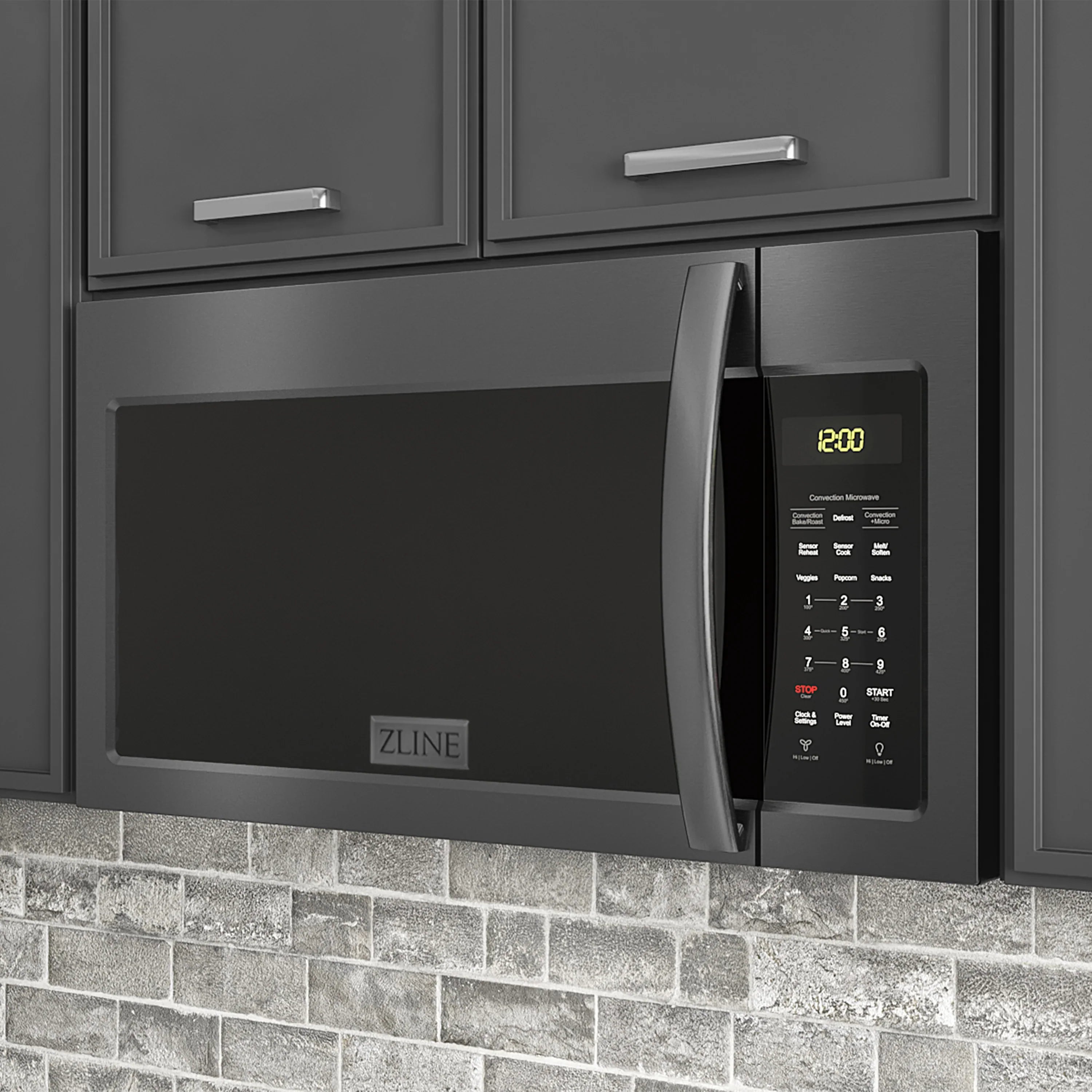 Black over-the-range microwave door with stainless handle and keypad control panel