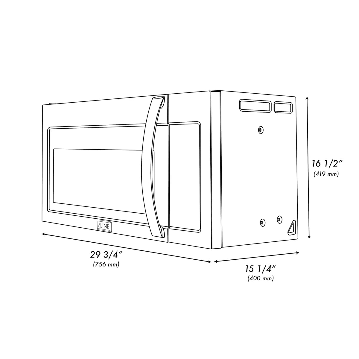Over-the-range microwave oven side view in black stainless steel with slim door handle