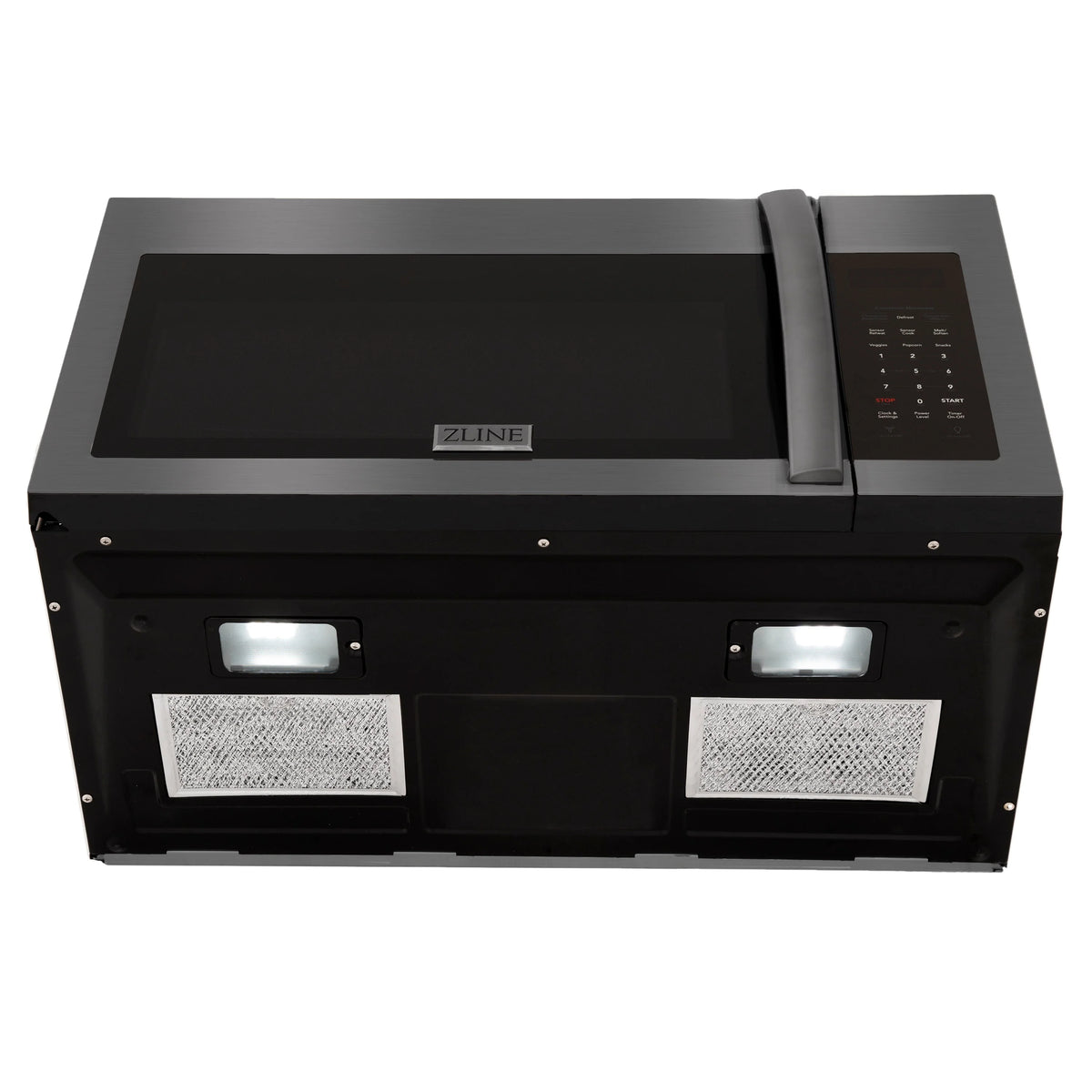Black over-the-range microwave front with digital keypad and modern handle