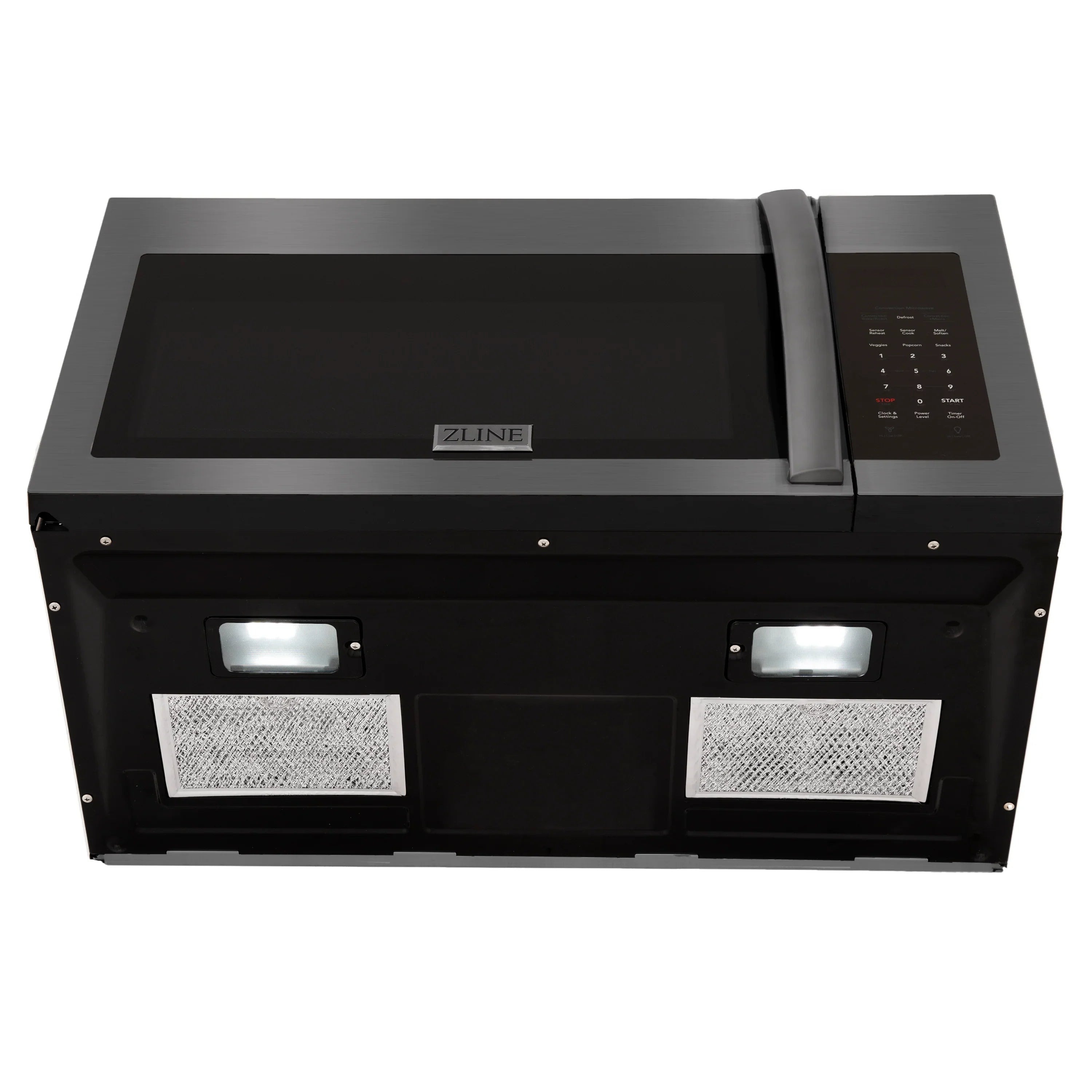 Black stainless steel over-the-range microwave front with vent grilles and side handle