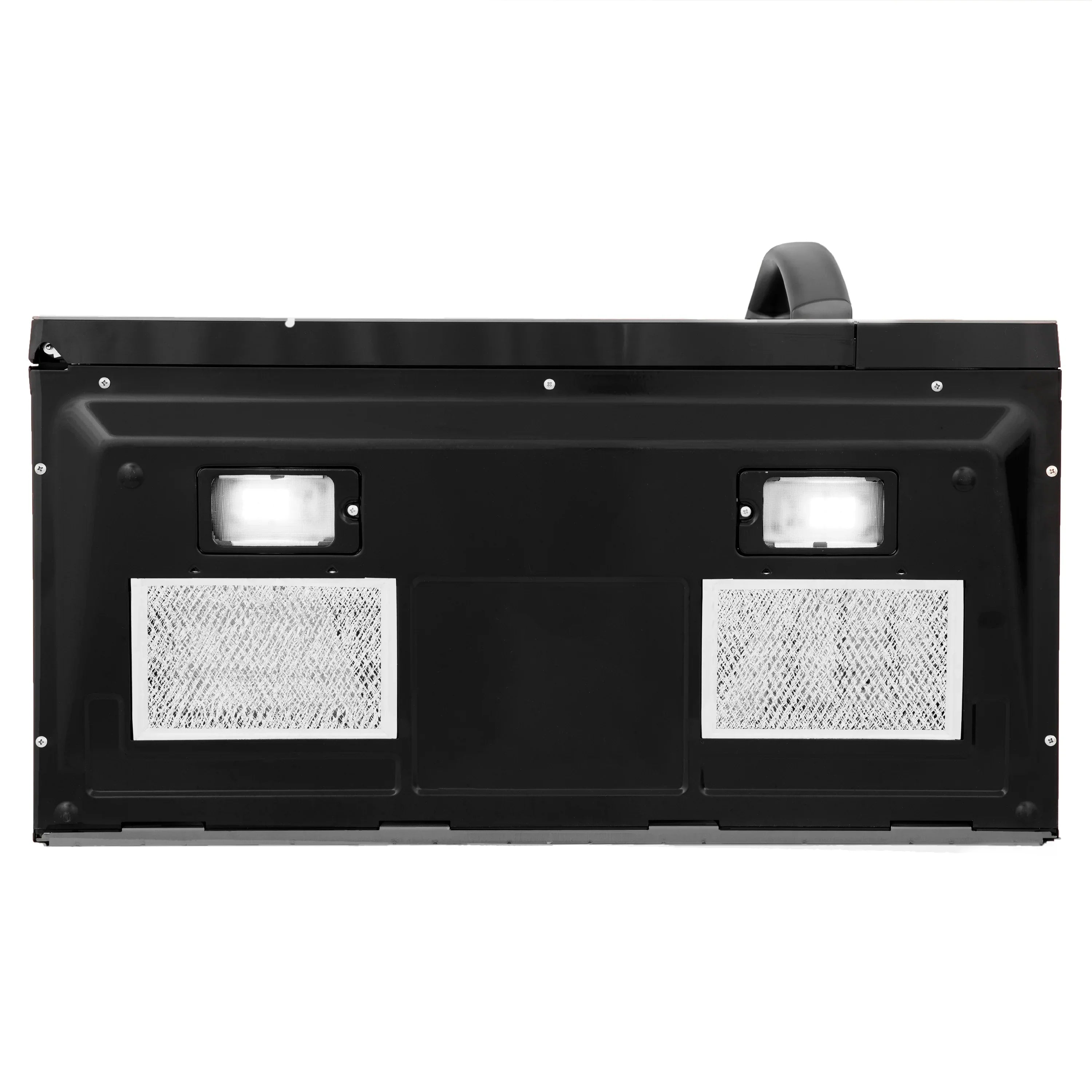 Black over-the-range microwave underside vents with two lamp windows and front panel