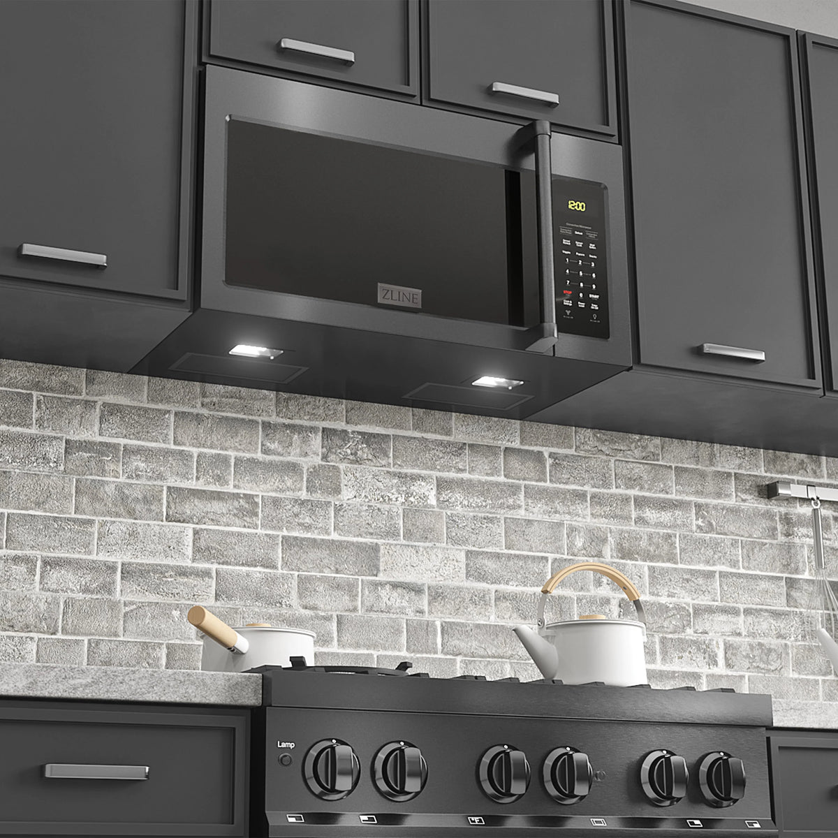 Over-the-range microwave with illuminated vent lights above the cooktop