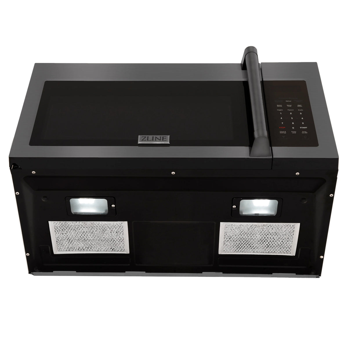 Black stainless over-the-range microwave front with two vent grilles and control panel