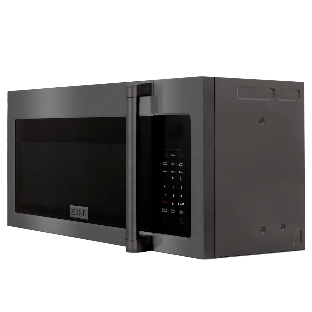 Black stainless over-the-range microwave with side profile and handle