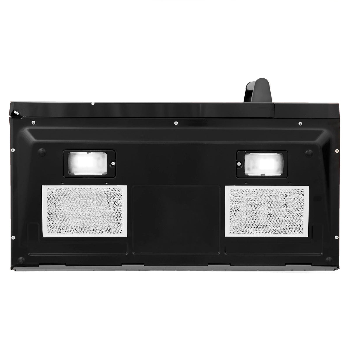 Black over-the-range microwave bottom with two vent grilles and interior lights