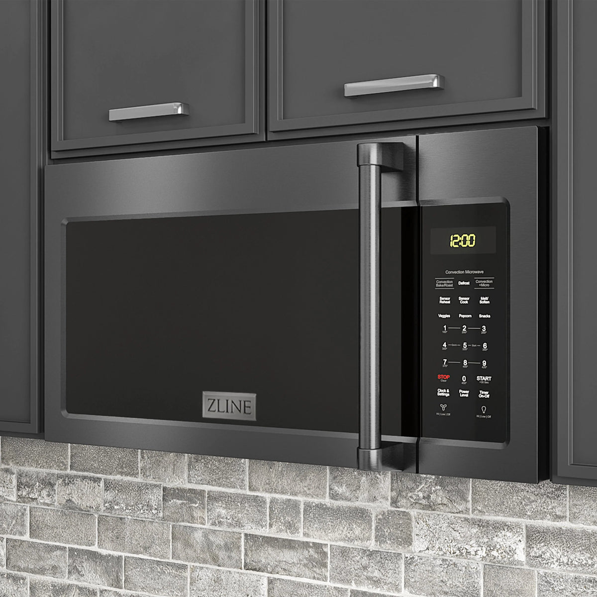 Black stainless over-the-range microwave with tall handle and LED control panel