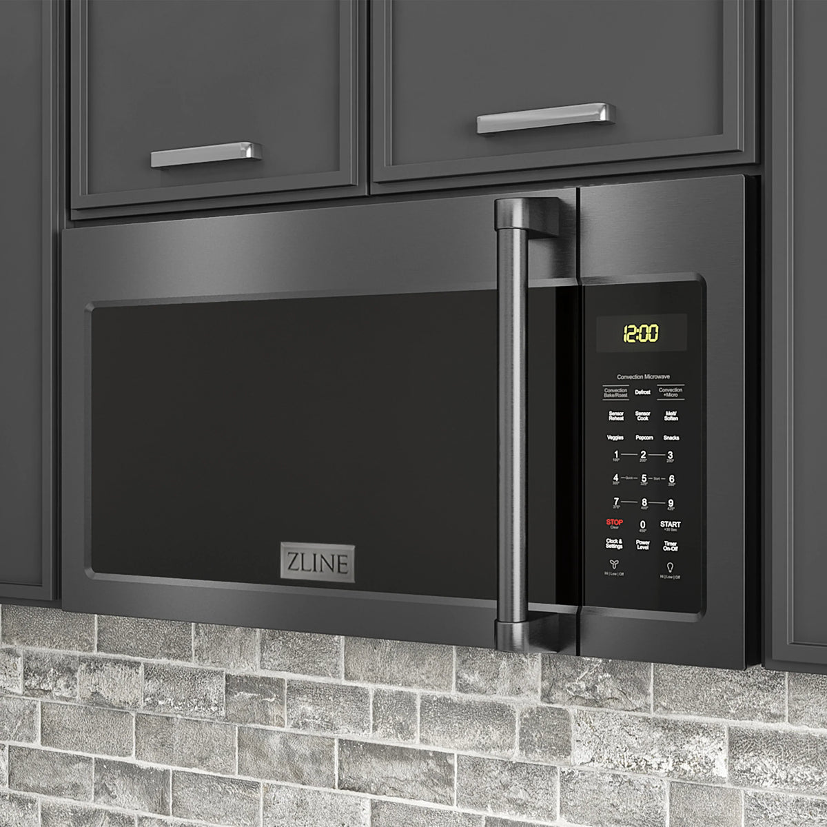 Black stainless steel over-the-range microwave with vertical handle and keypad