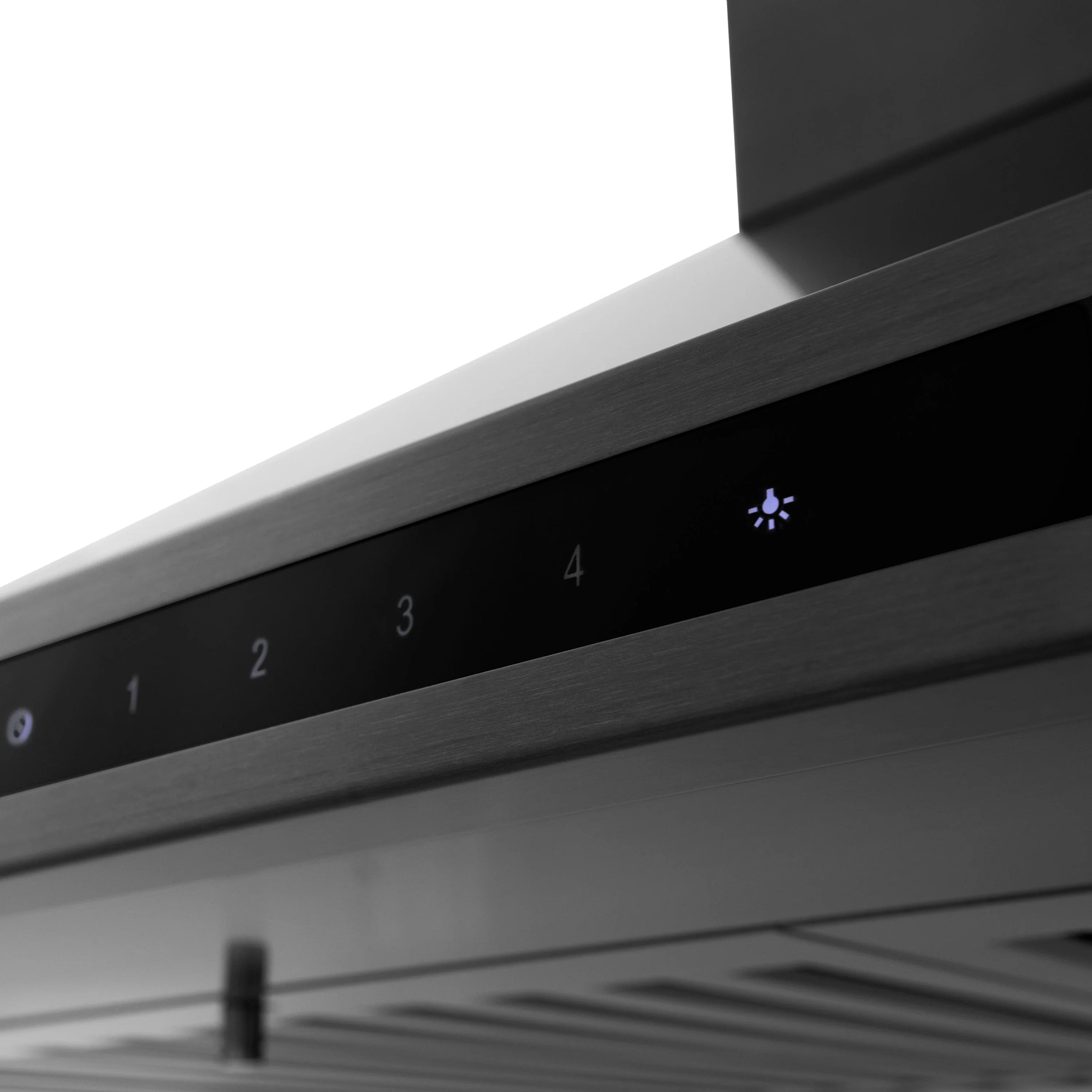 Black stainless steel range hood touch control strip with light fan indicator icons.
