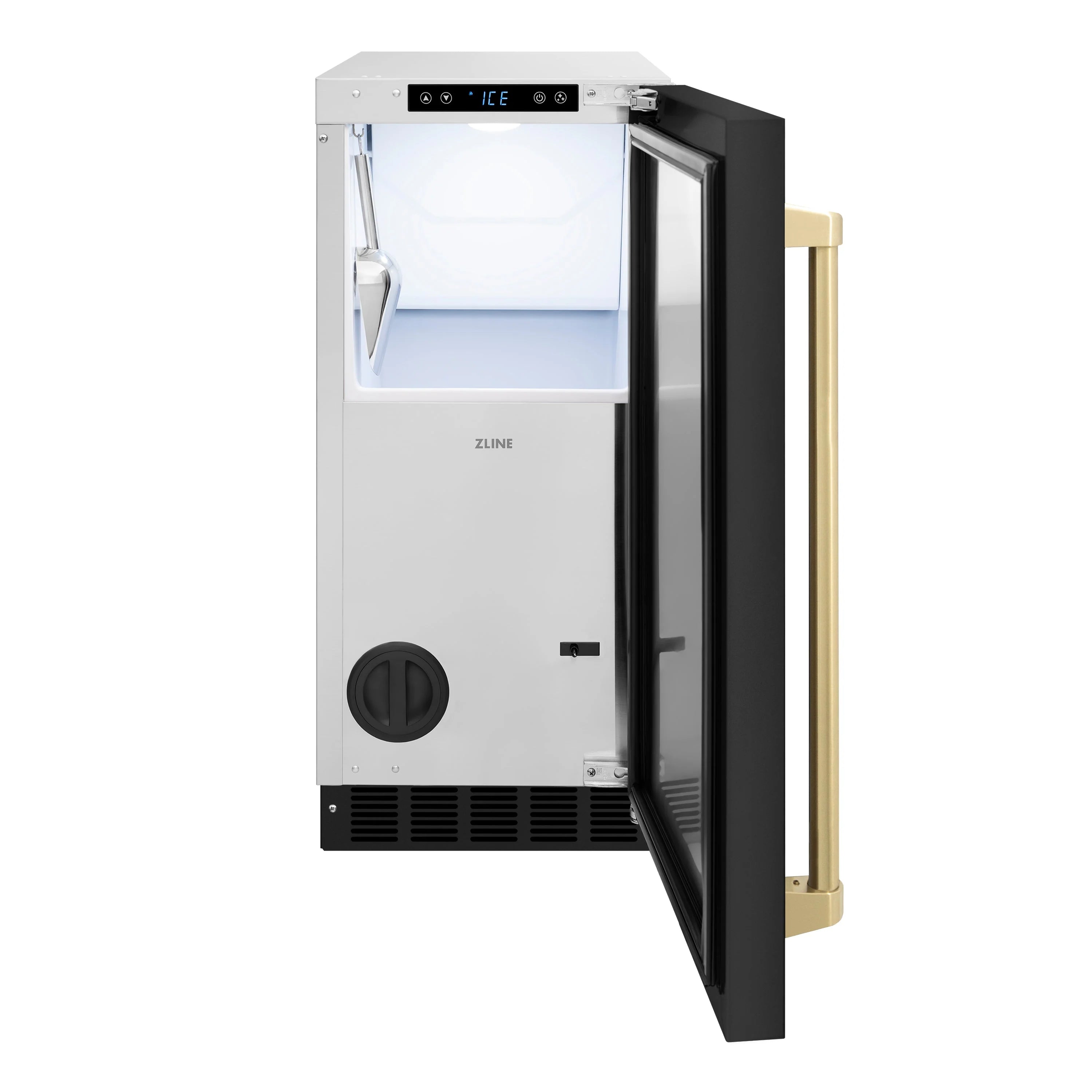 Built-in ice maker with open door, black stainless body and champagne bronze handle
