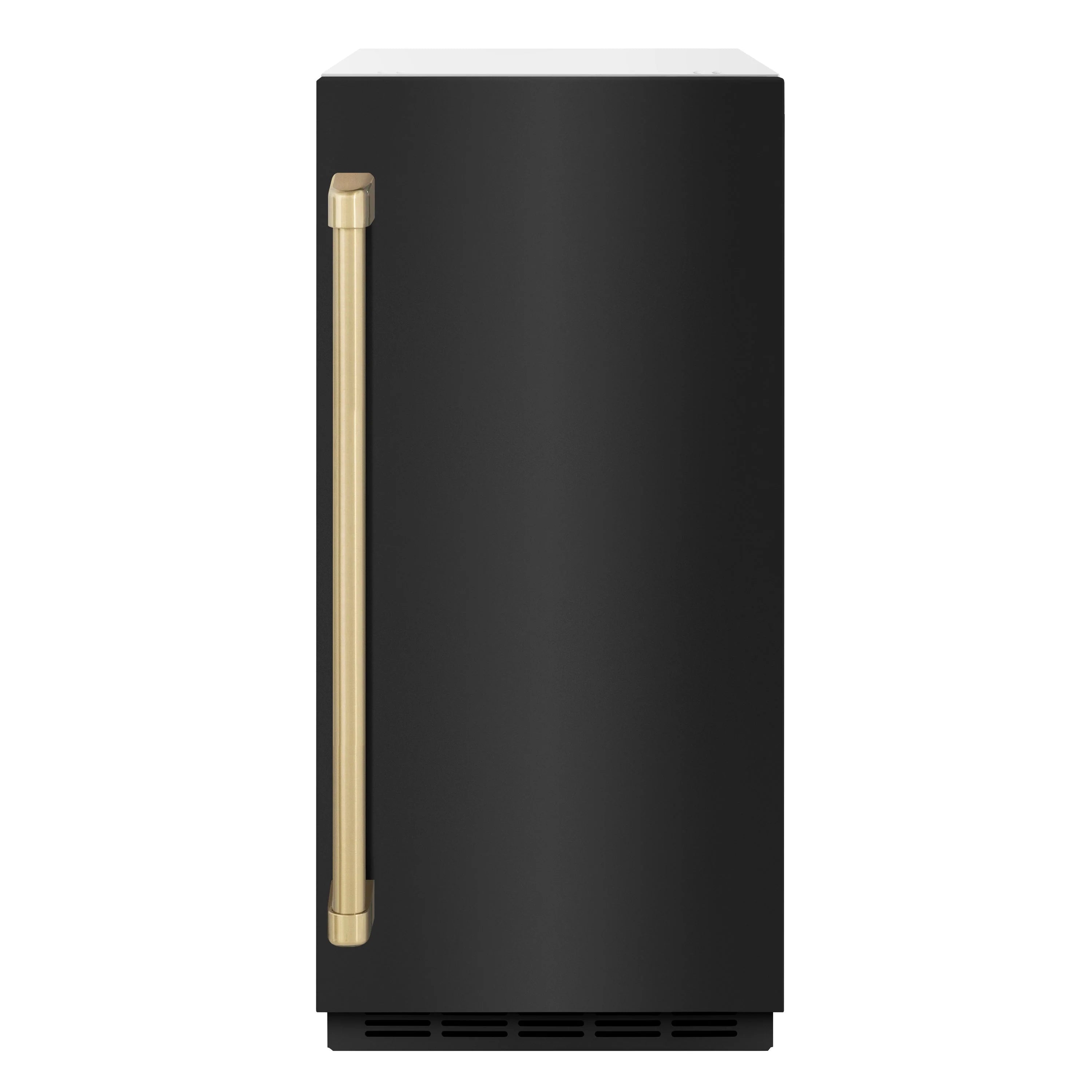 Black stainless ice maker with vertical champagne bronze handle and bottom vent grille