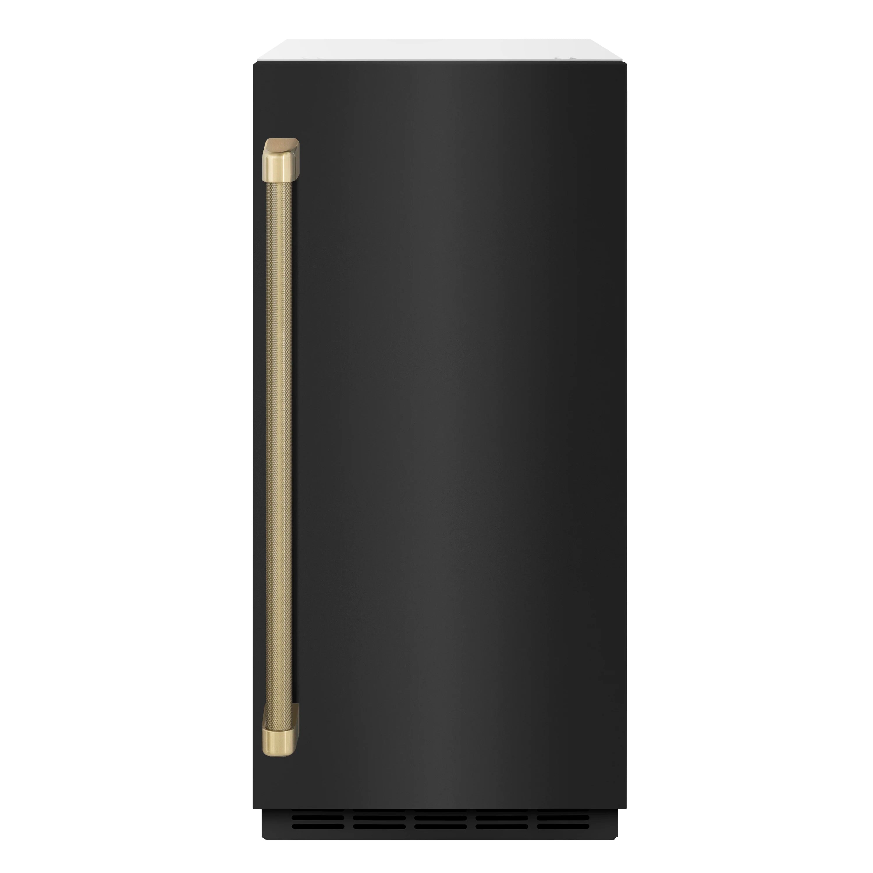 Black stainless steel ice maker door with bronze vertical handle