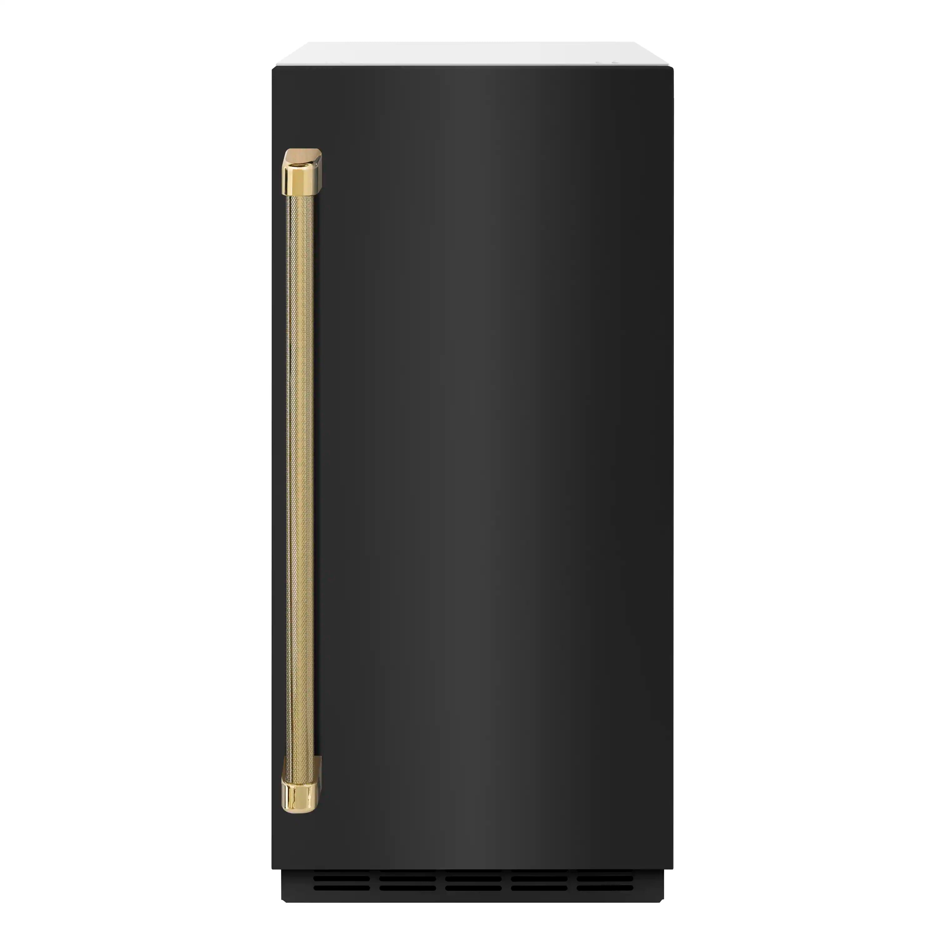Black stainless steel countertop ice maker with gold vertical helix handle.