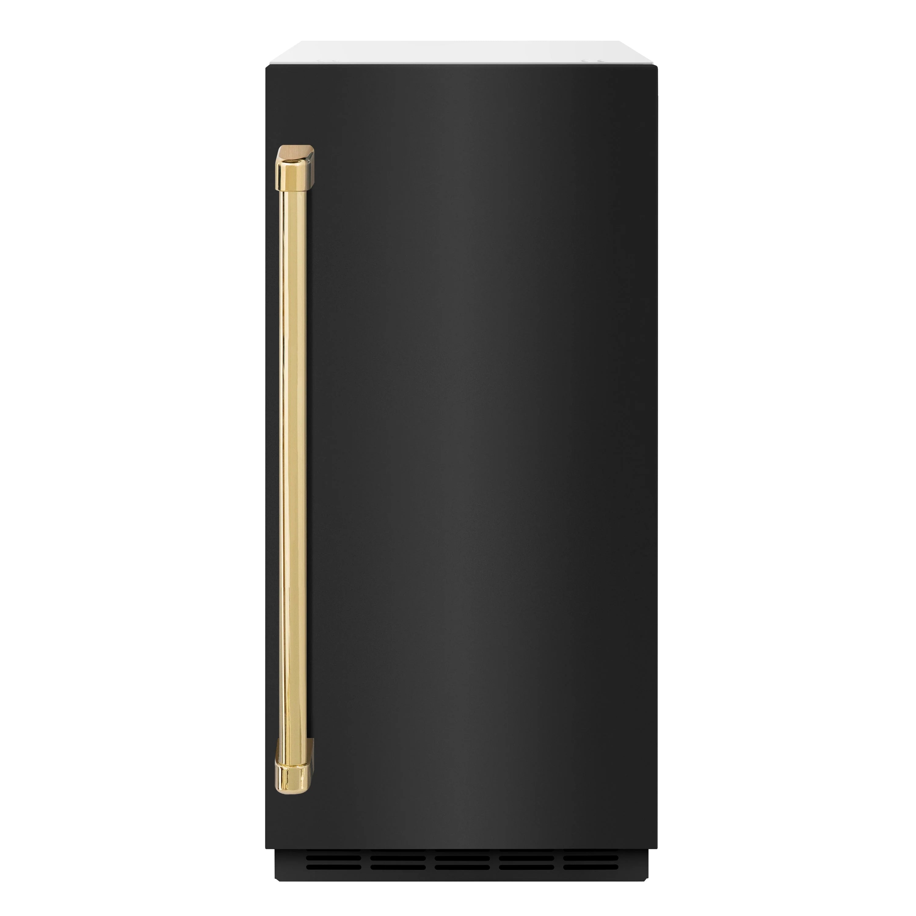ZLINE 15-inch ice maker front view in black with vertical polished gold handle