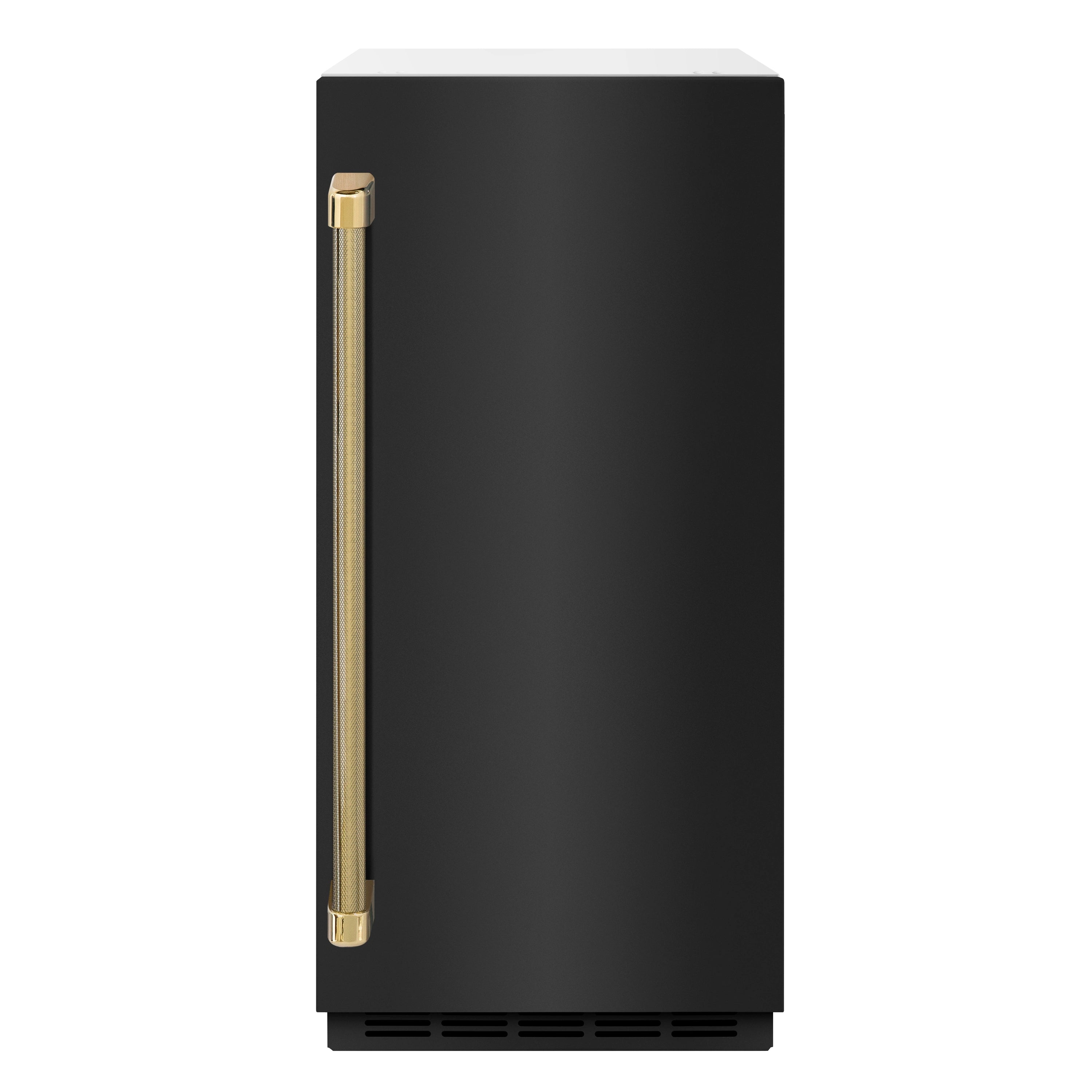Black stainless ice maker door with gold helix handle and bottom ventilation grille