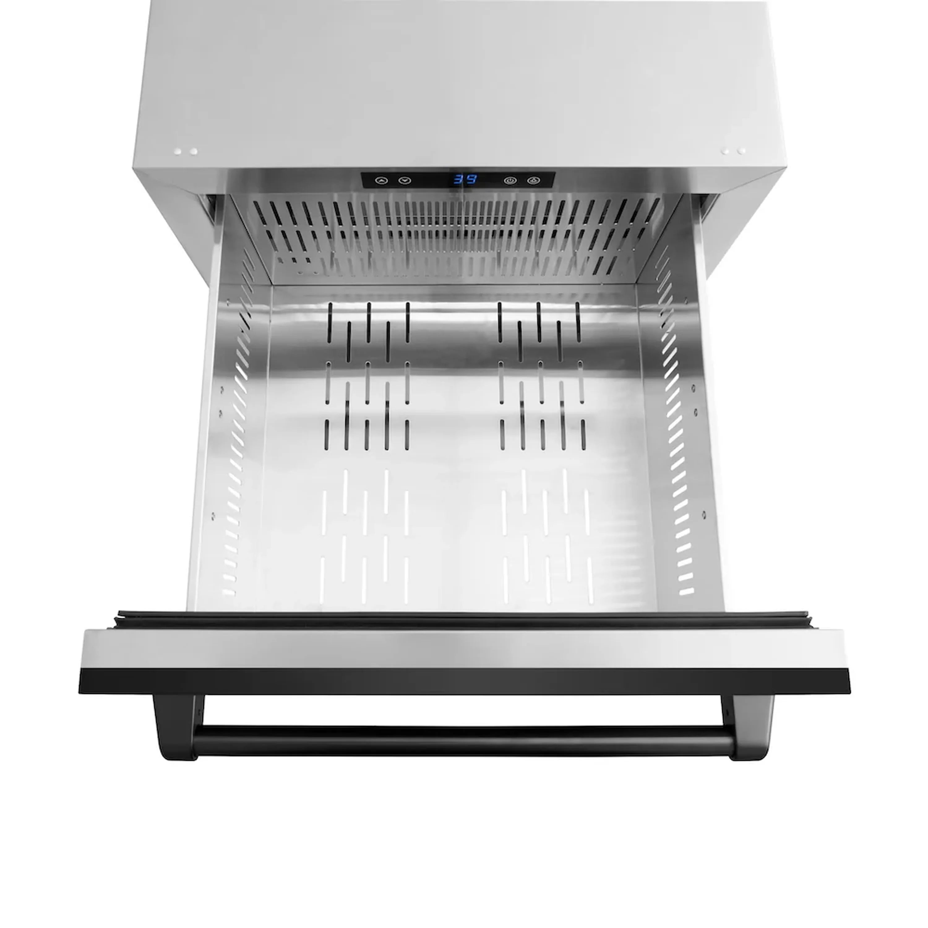 Refrigerator drawer interior base with rails, vents, and front black pull handle