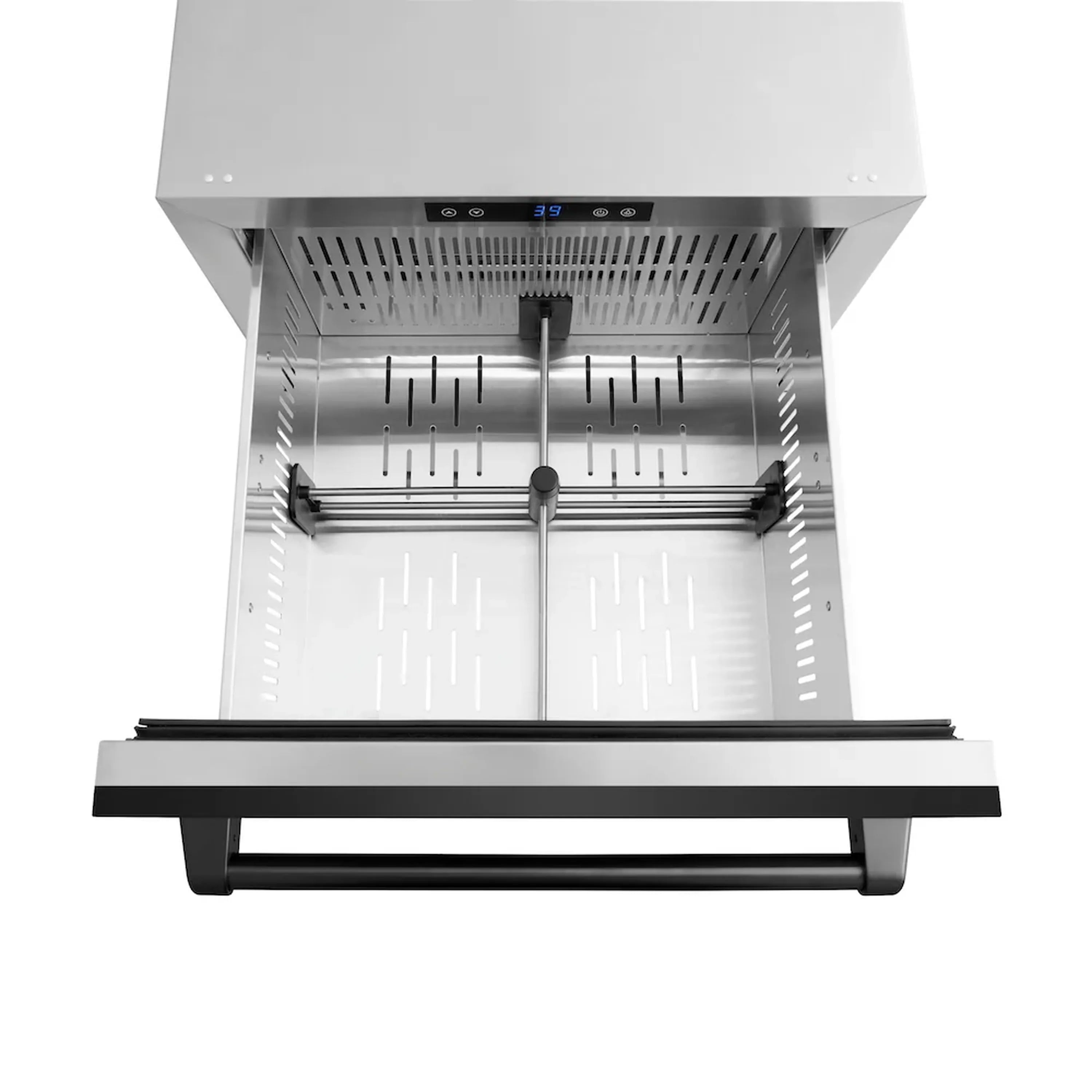 Refrigerator drawer interior with rails and front black pull handle
