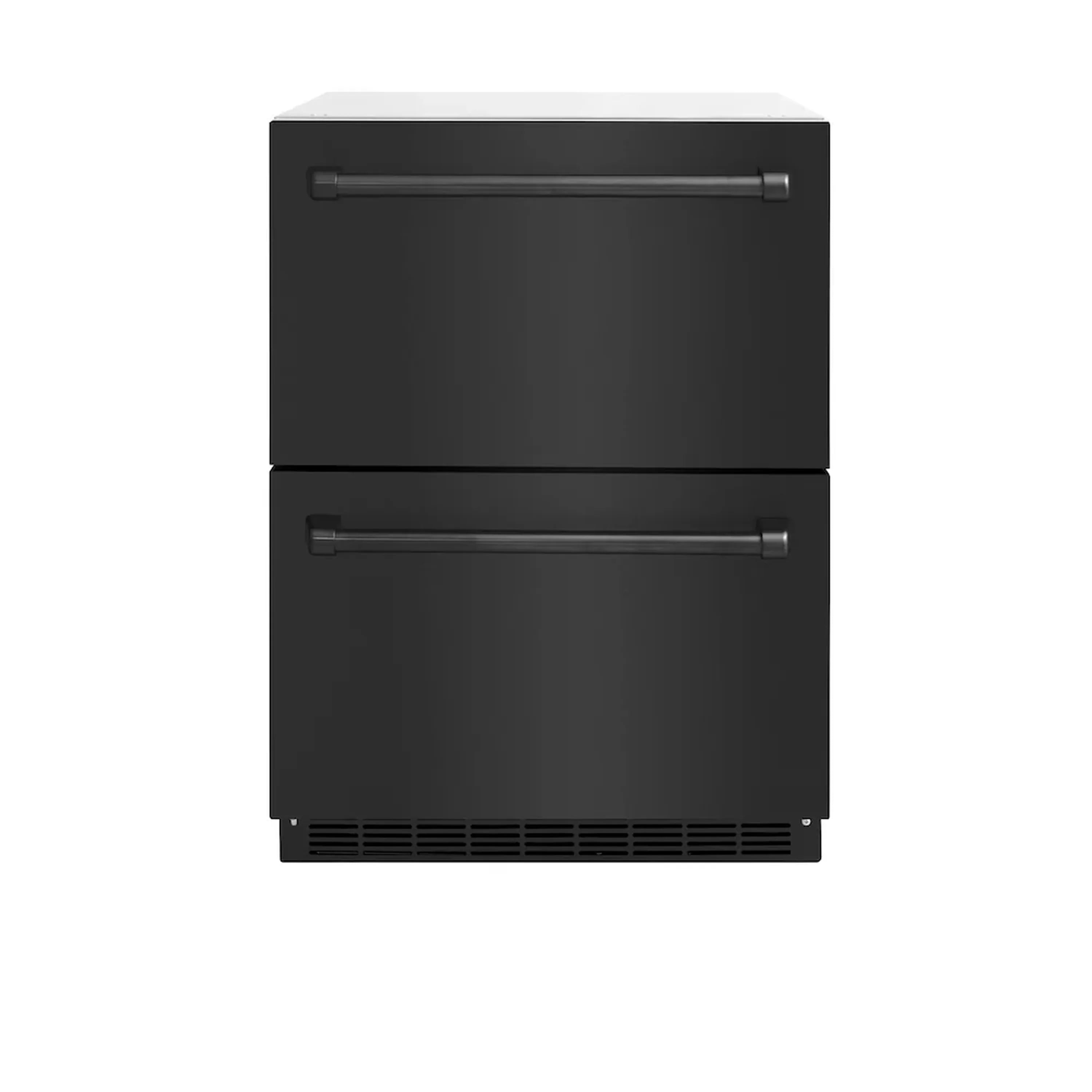 Black stainless refrigerator drawer with two horizontal handles on the closed front