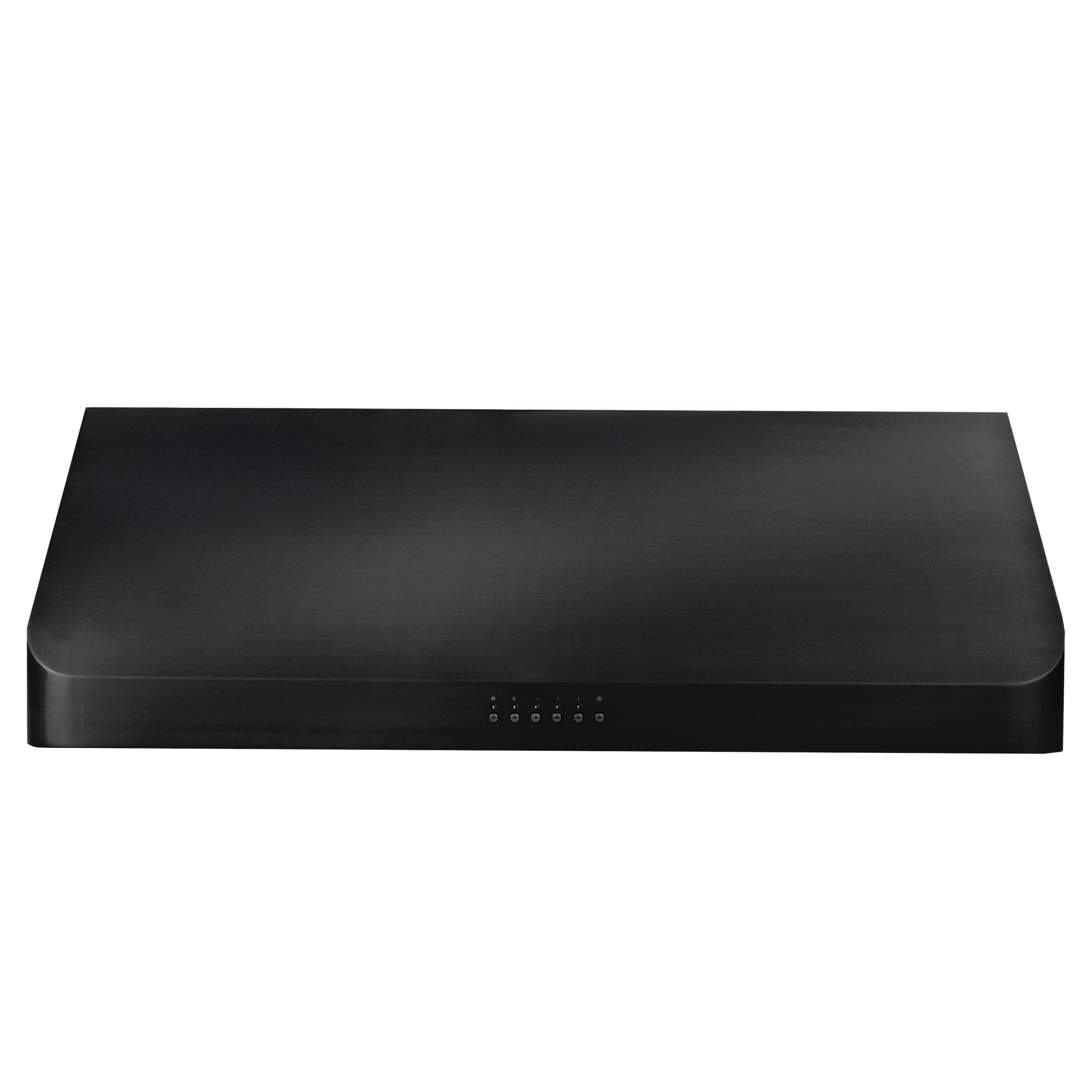 Black under-cabinet range hood with flat canopy top and control buttons strip.