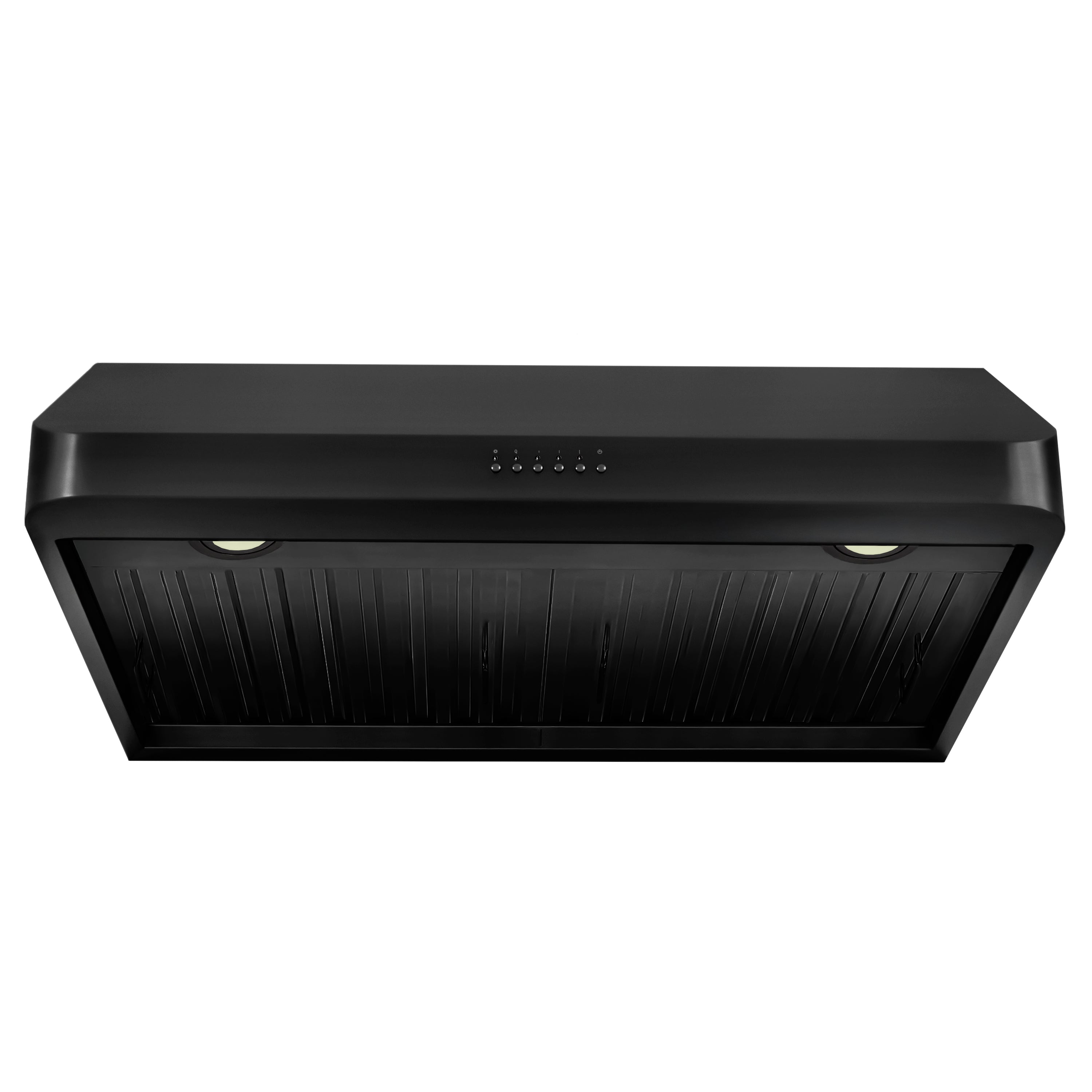 Black under-cabinet range hood front with two lit lights and vent grille.