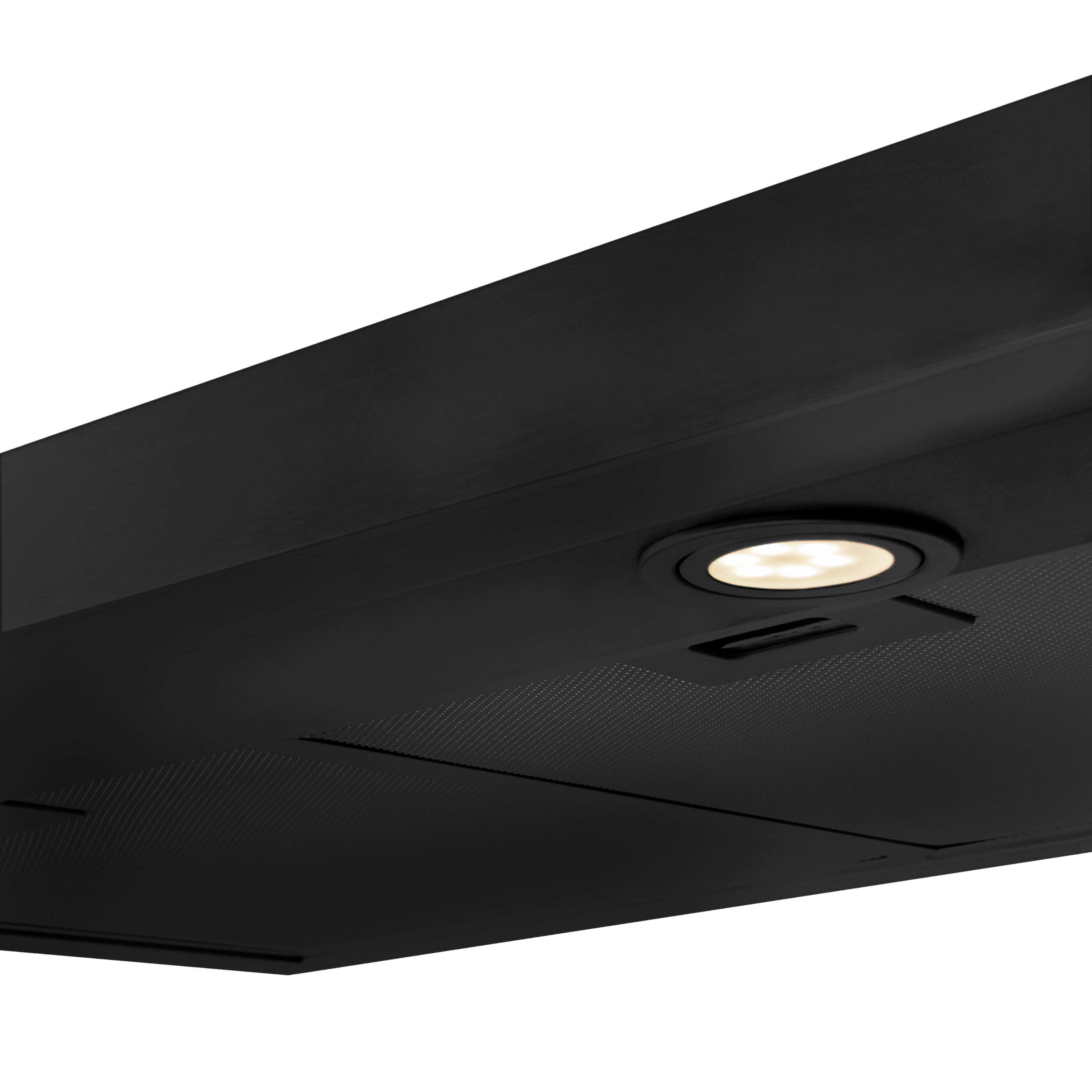Black stainless under-cabinet range hood with round vent lights