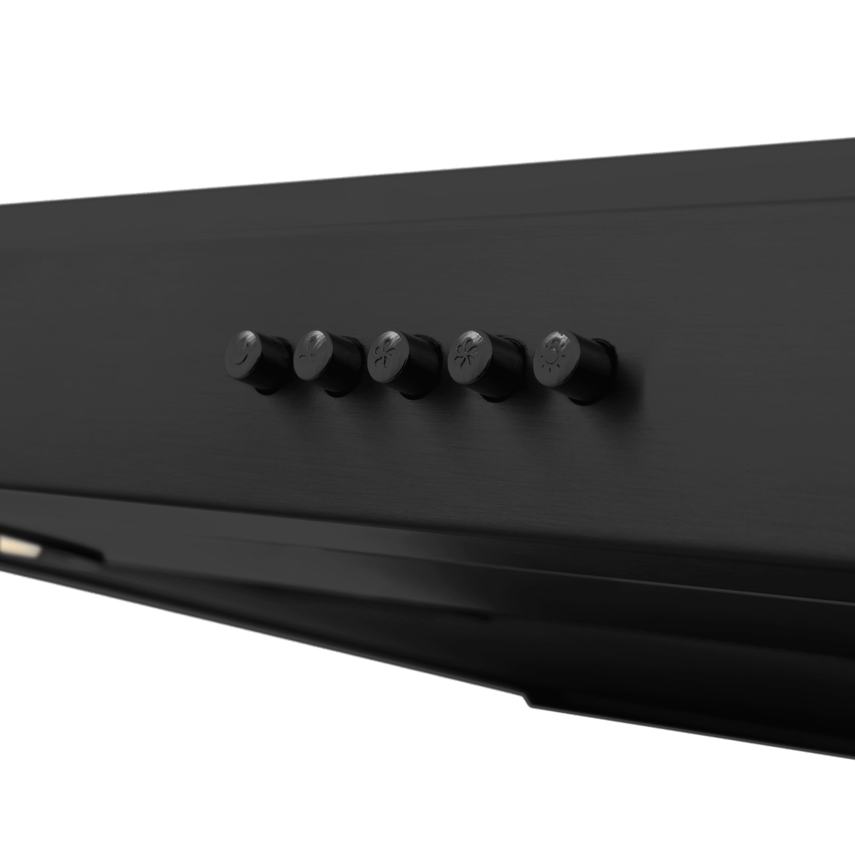 Black stainless under-cabinet range hood front with row of control knobs