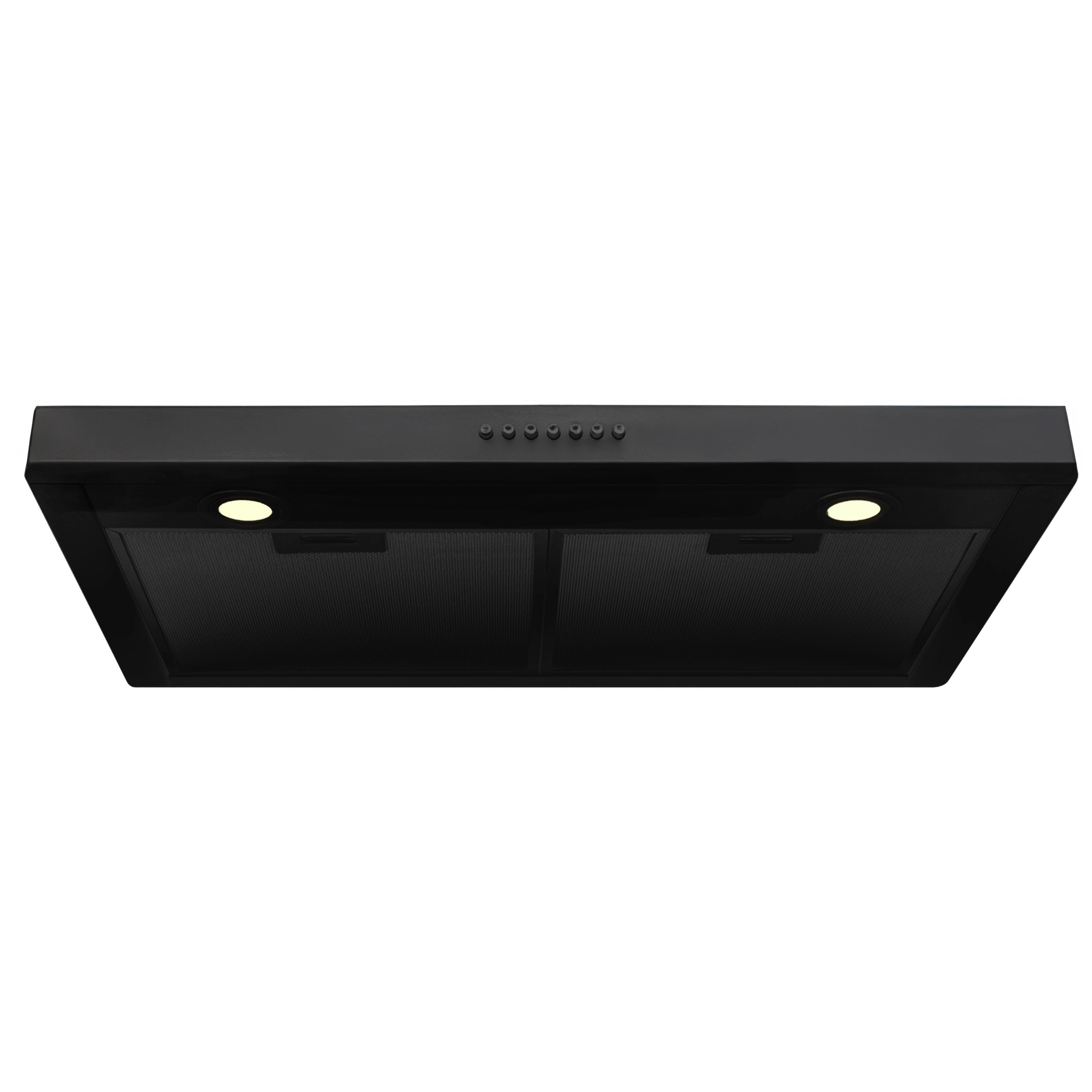 Black stainless under-cabinet range hood front with two round lights