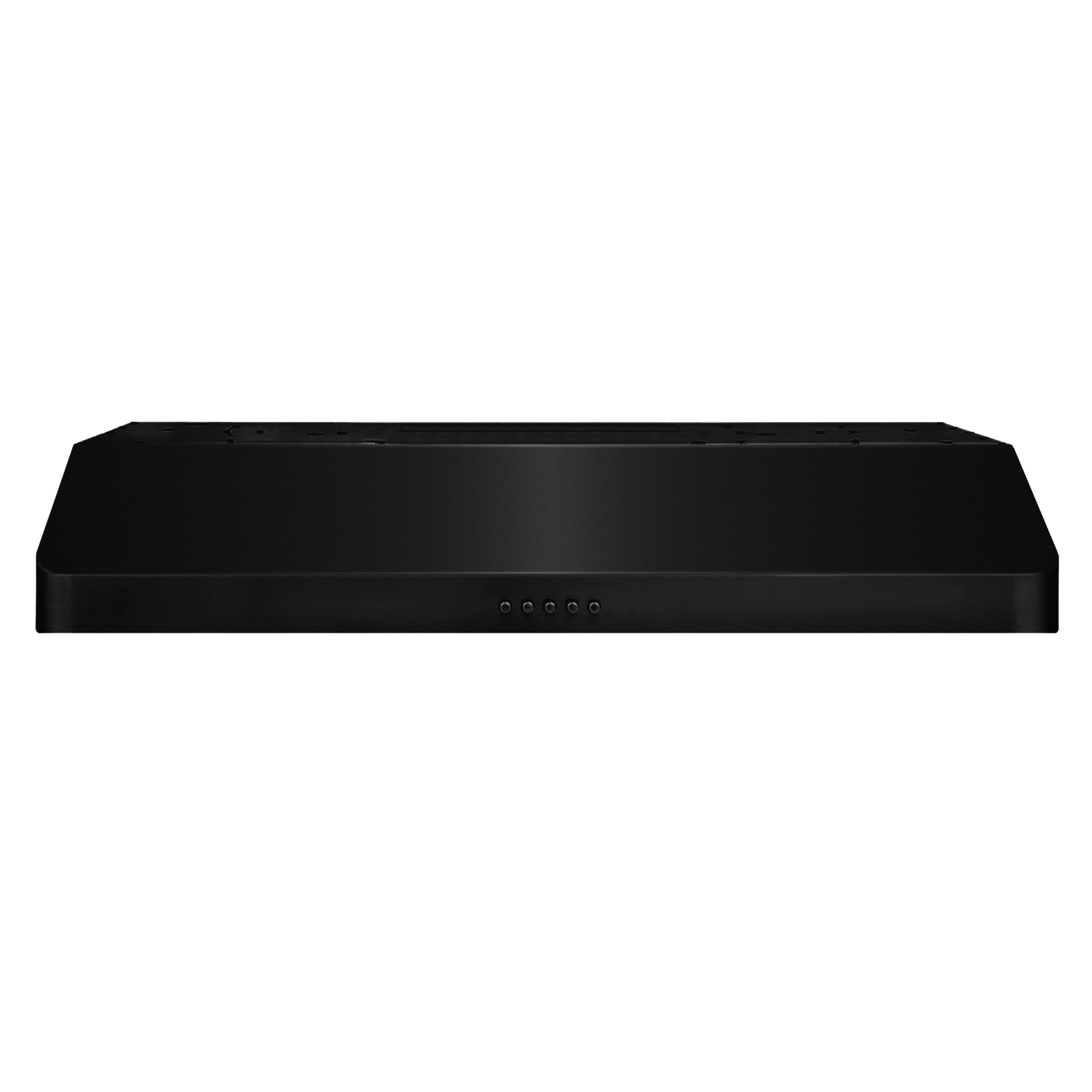 Black stainless under-cabinet range hood top panel with control buttons