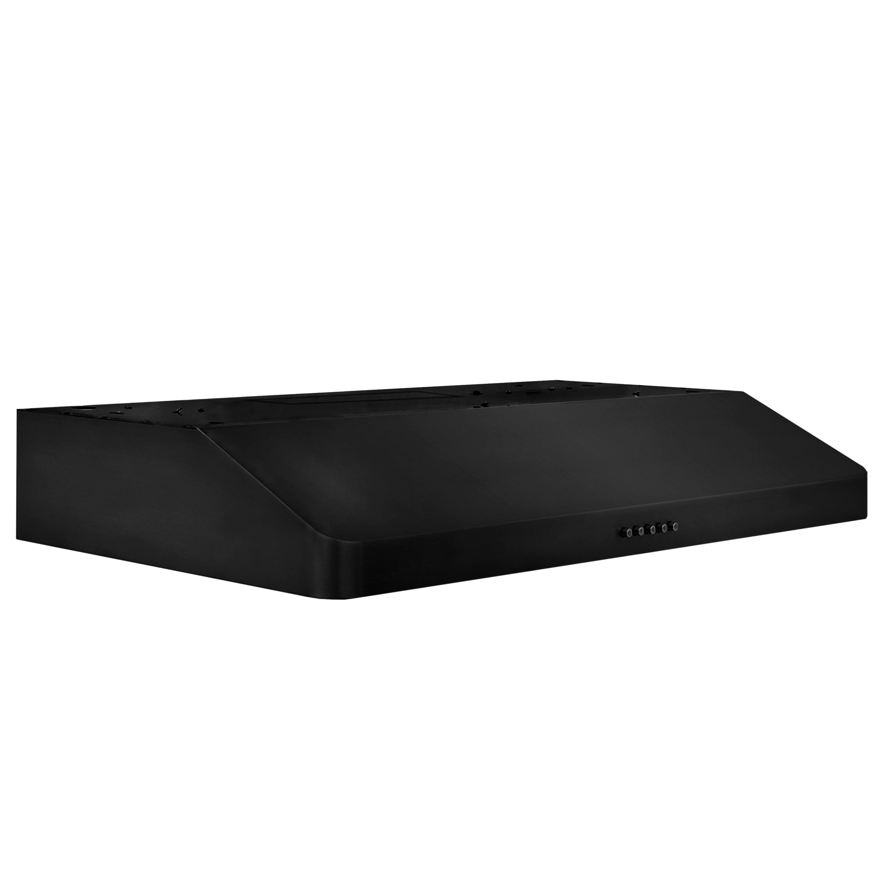 Black under-cabinet range hood with top control panel and centered controls