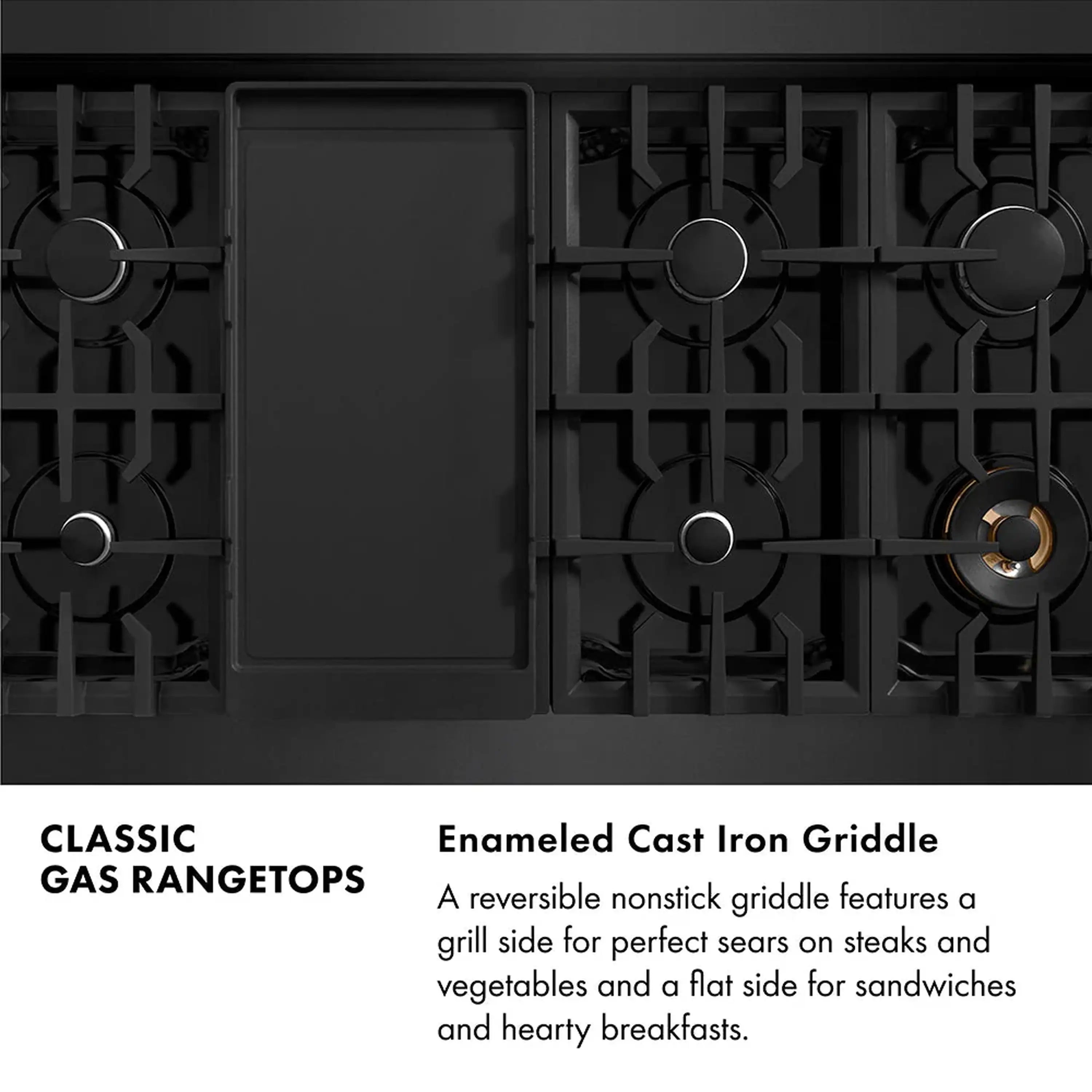 Enamel cast iron griddle seated on a black gas rangetop grate area