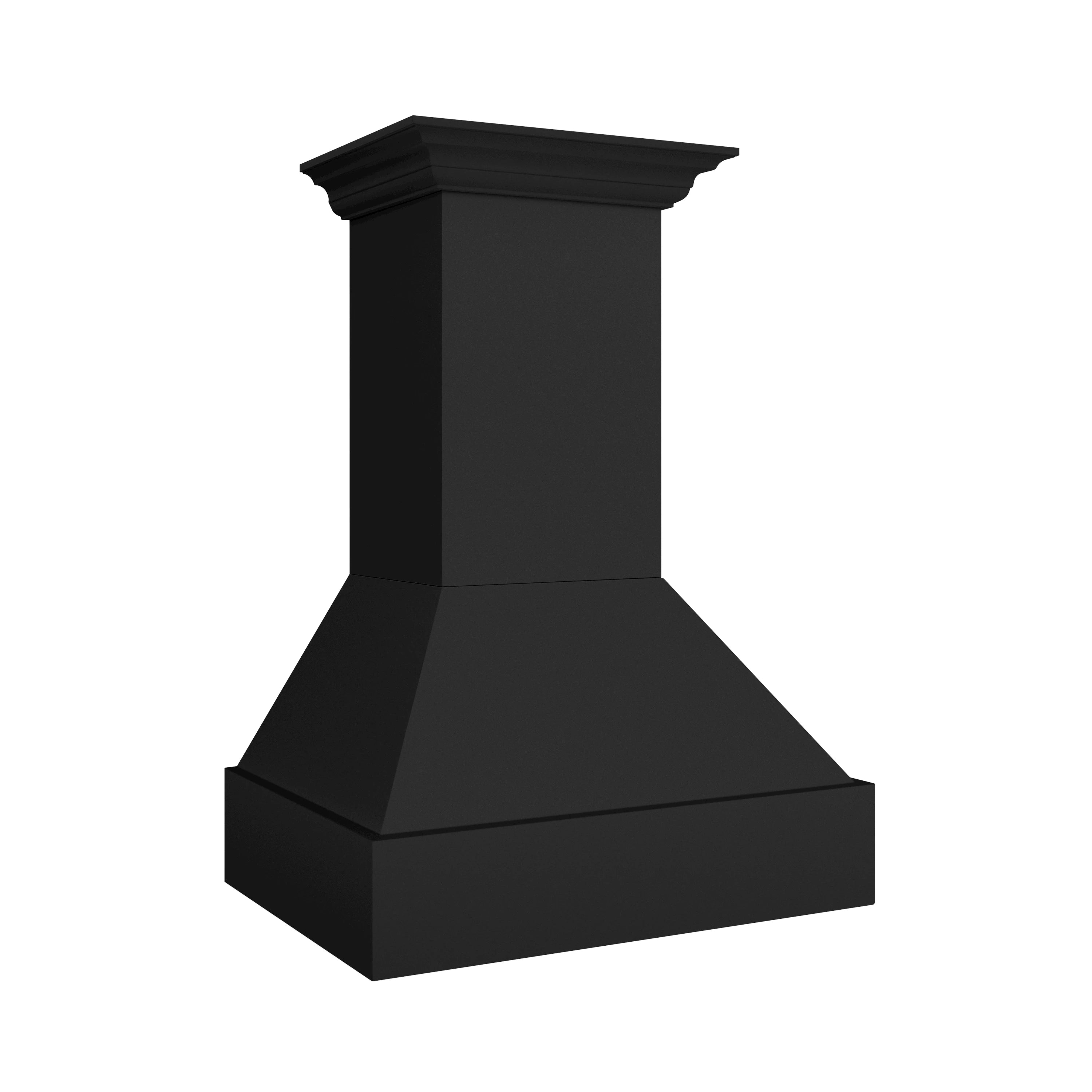 Black wall-mounted range hood chimney and canopy in smooth matte finish