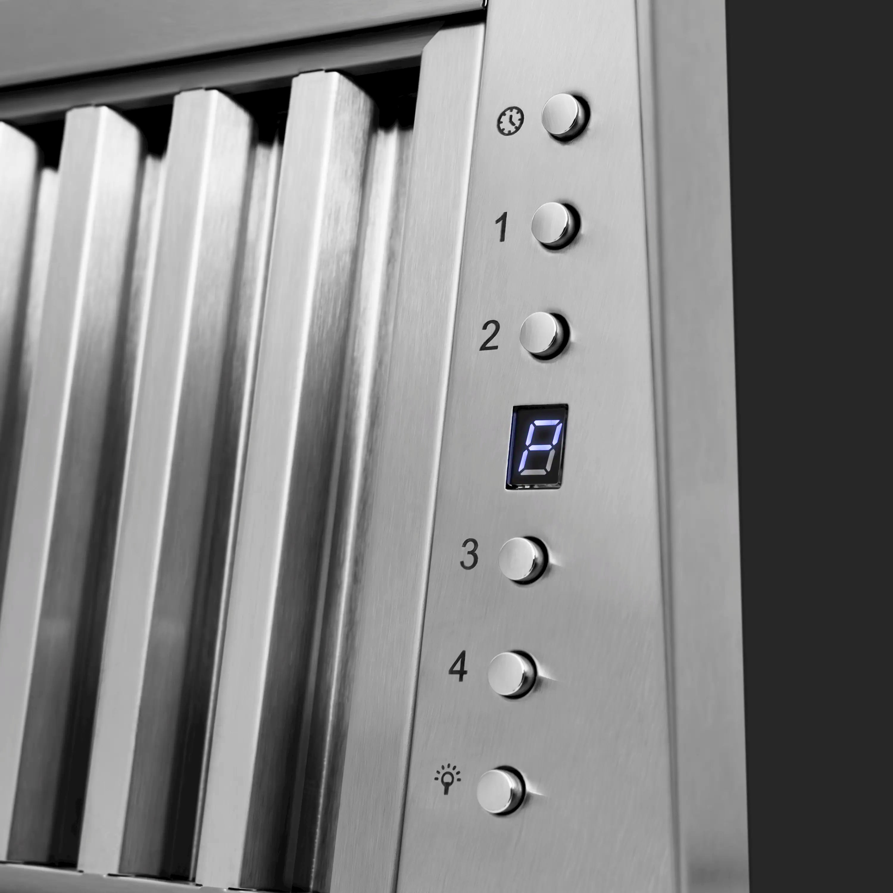 Stainless steel range hood control panel with buttons and digital display