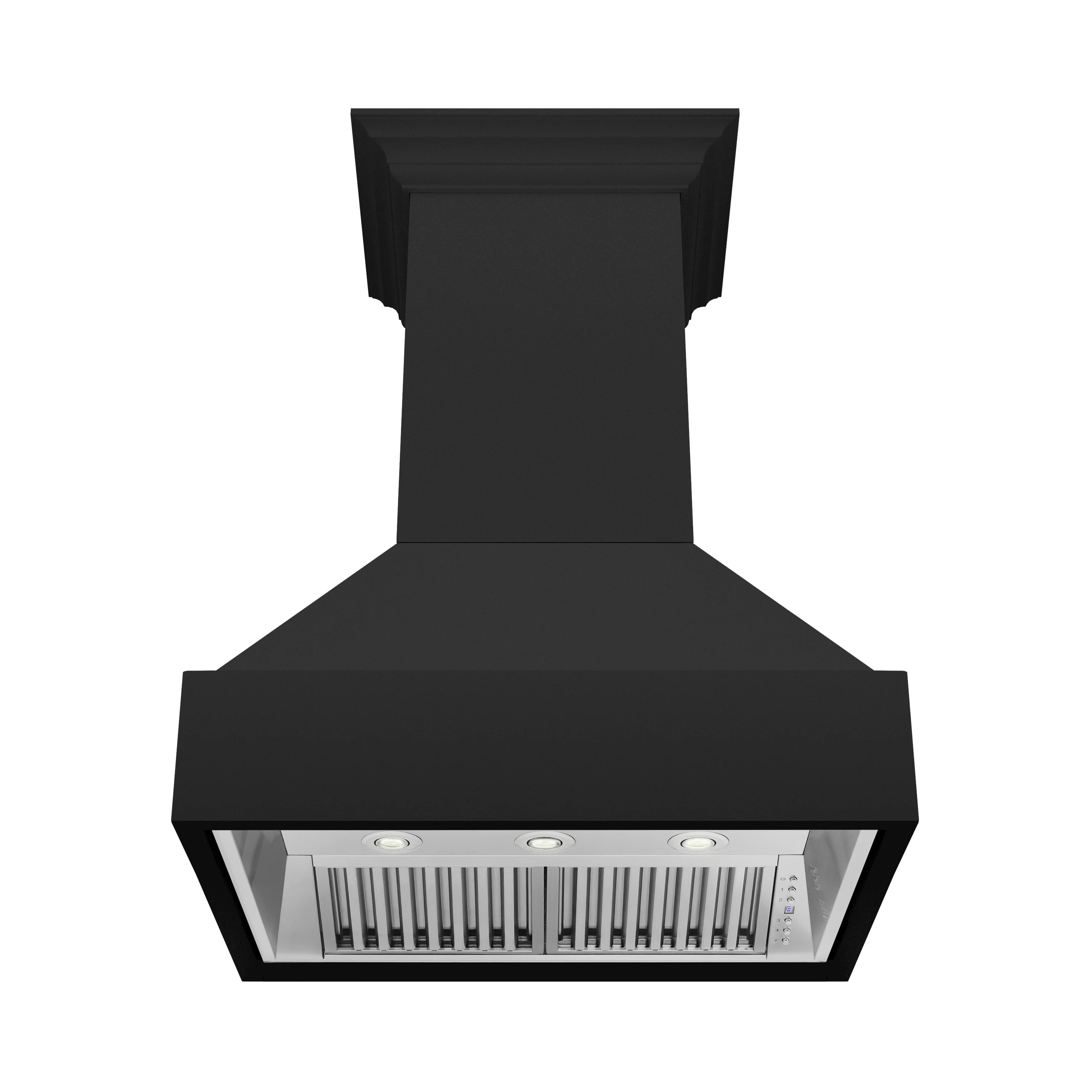 Black wall-mounted range hood with exposed vent grille and three recessed lights